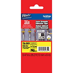 Brother Genuine P-touch TZE-S631 Tape, 1/2" (0.47") Wide Extra-Strength Adhesive Laminated Tape, Black on Yellow, Laminated for Indoor or Outdoor Use, Water-Resistant,0.47" x 26.2' (12mm x 8M),TZES631 Xst - Black on Yellow Tape