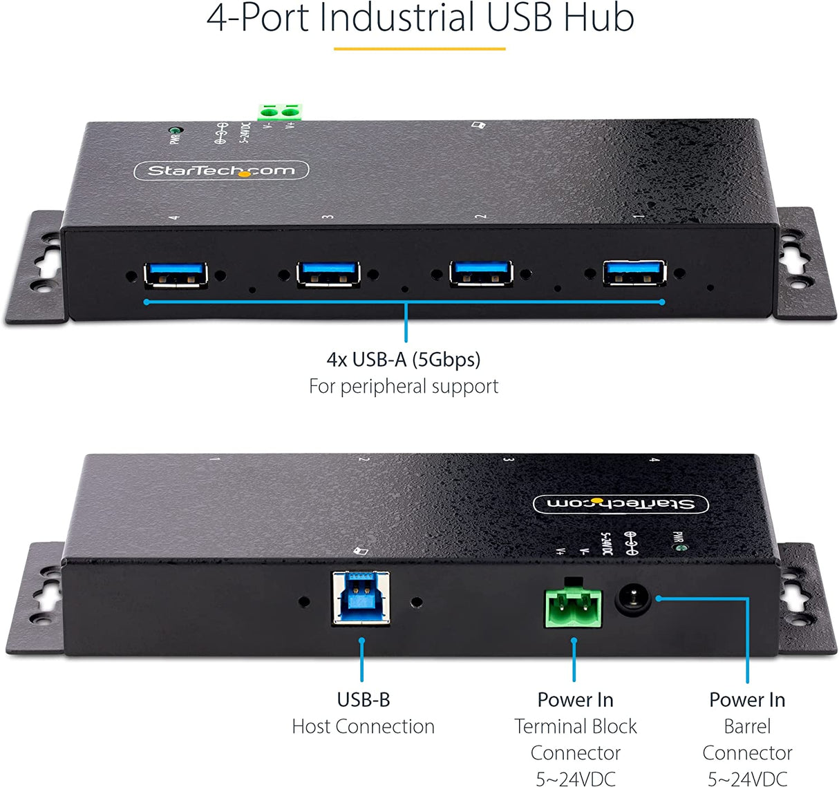 StarTech.com 4-Port Industrial USB 3.0 5Gbps Hub - Rugged USB Hub w/ESD and Surge Protection - DIN/Wall/Desk Mountable USB-A Hub - USB Expander w/Locking Ports, Heavy Duty (5G4AINDNP-USB-A-HUB)
