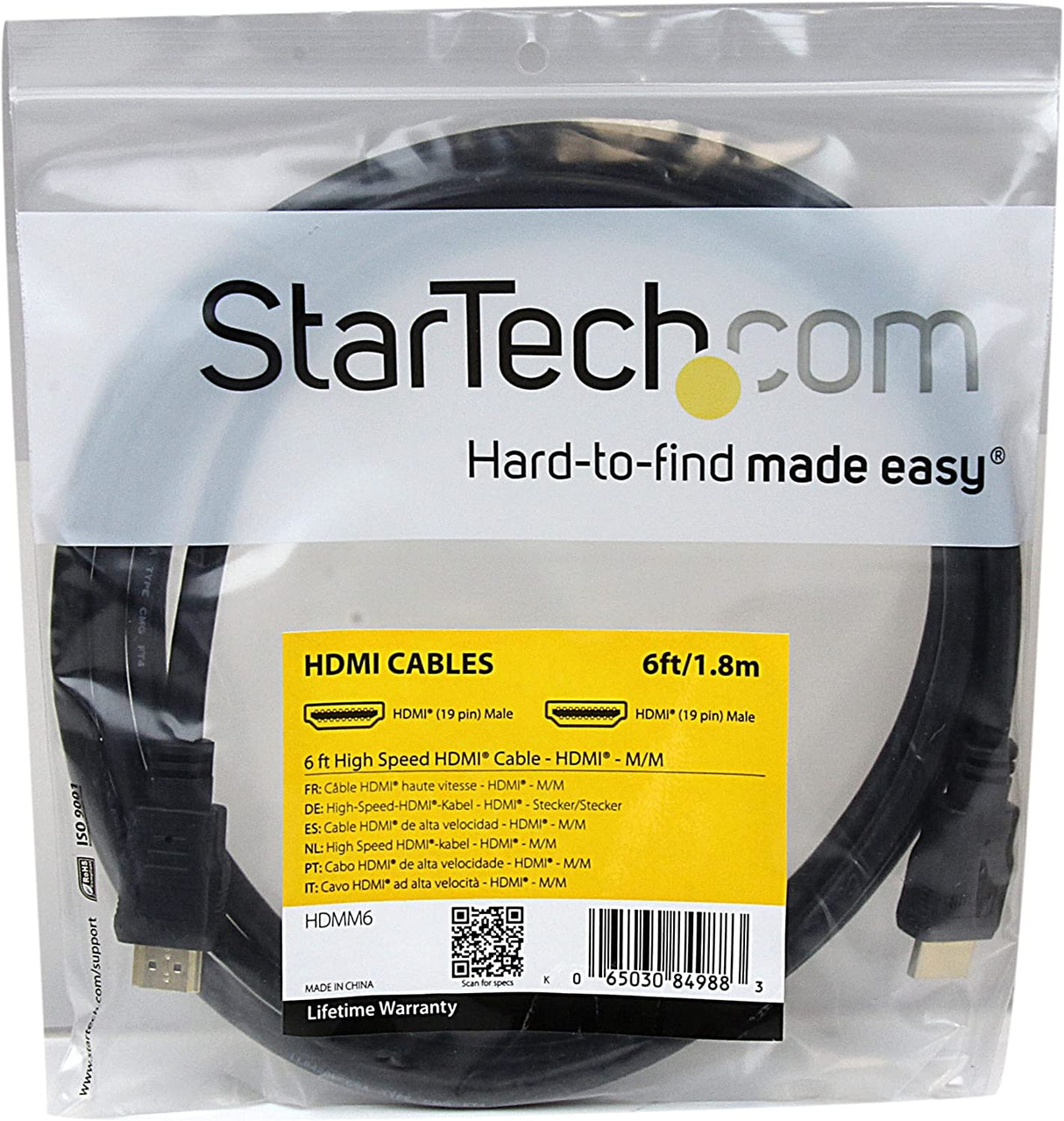 StarTech.com 6ft (2m) HDMI Cable - 4K High Speed HDMI Cable with Ethernet - UHD 4K 30Hz Video - HDMI 1.4 Cable - Ultra HD HDMI Monitors, Projectors, TVs & Displays - Black HDMI Cord - M/M (HDMM6) 6 ft / 2m HDMI Cable