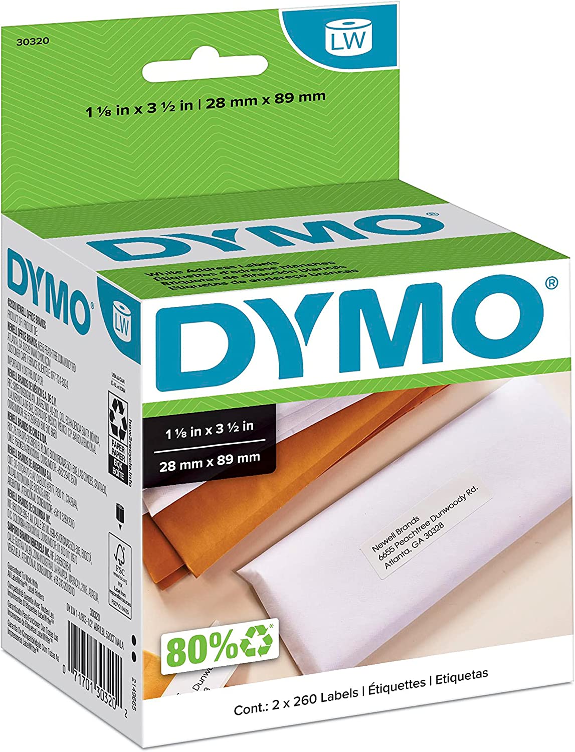 DYMO LW Mailing Address Labels for LabelWriter Label Printers, White, 1-1/8'' x 3-1/2'', 2 Rolls of 260 (30320)