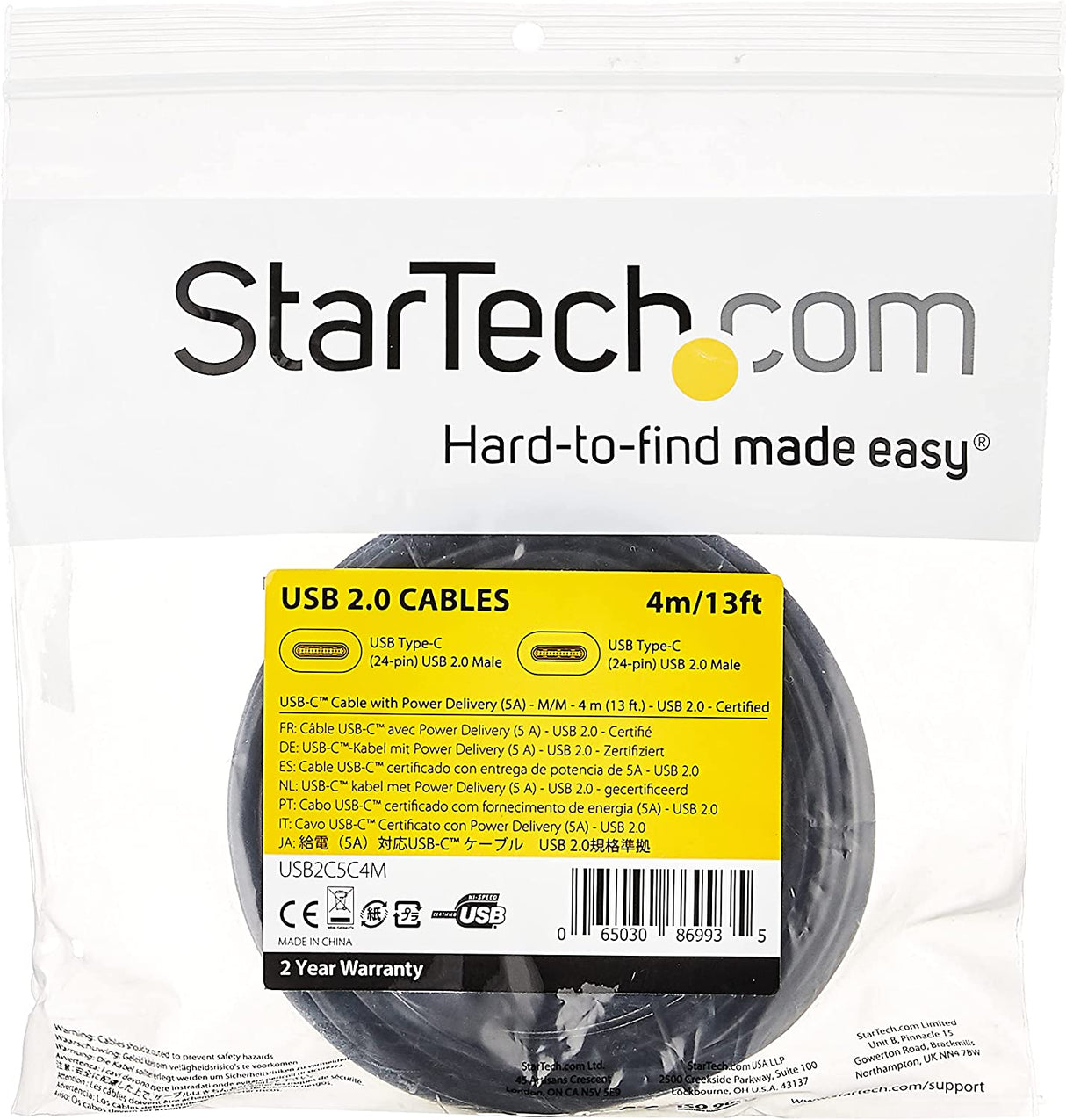 StarTech.com 4m USB C Cable w/ PD - 13ft USB Type C Cable - 5A Power Delivery - USB 2.0 USB-IF Certified - USB 2.0 Type-C Cable - 100W/5A (USB2C5C4M) Black 13 ft/ 4 m