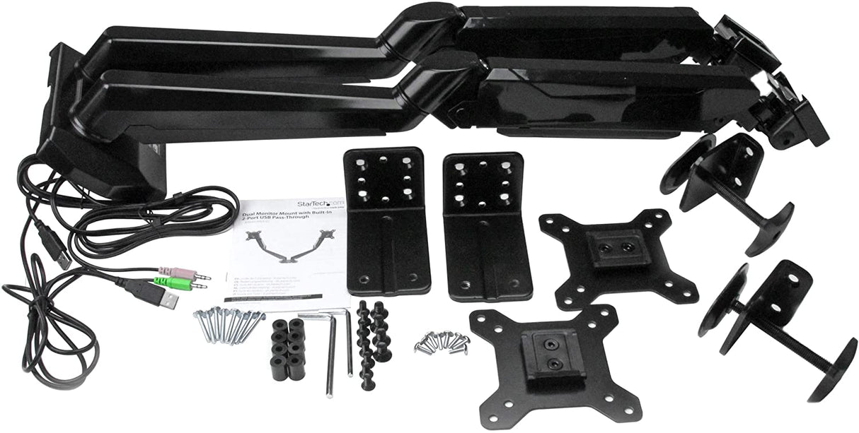 StarTech.com Desk Mount Dual Monitor Arm - Adjustable - Supports Monitors 12” to 30” - Full Motion VESA Mount Double Monitor Arm - Desk Clamp - Black (ARMSLIMDUO) Desk Mount - Pass-thru USB & Audio Full Motion Spring Arms