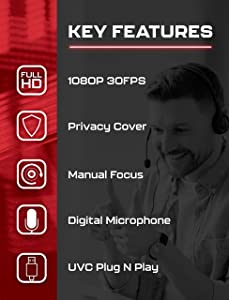 VisionTek VTWC30 Premium Full HD (1080P 30FPS) Webcam, for Windows, Mac, Linux, & Chromebook, Computer Video Camera, Digital Dual Microphones, Manual Focus Lens, Privacy Cover, 83-Degree Viewing Angle