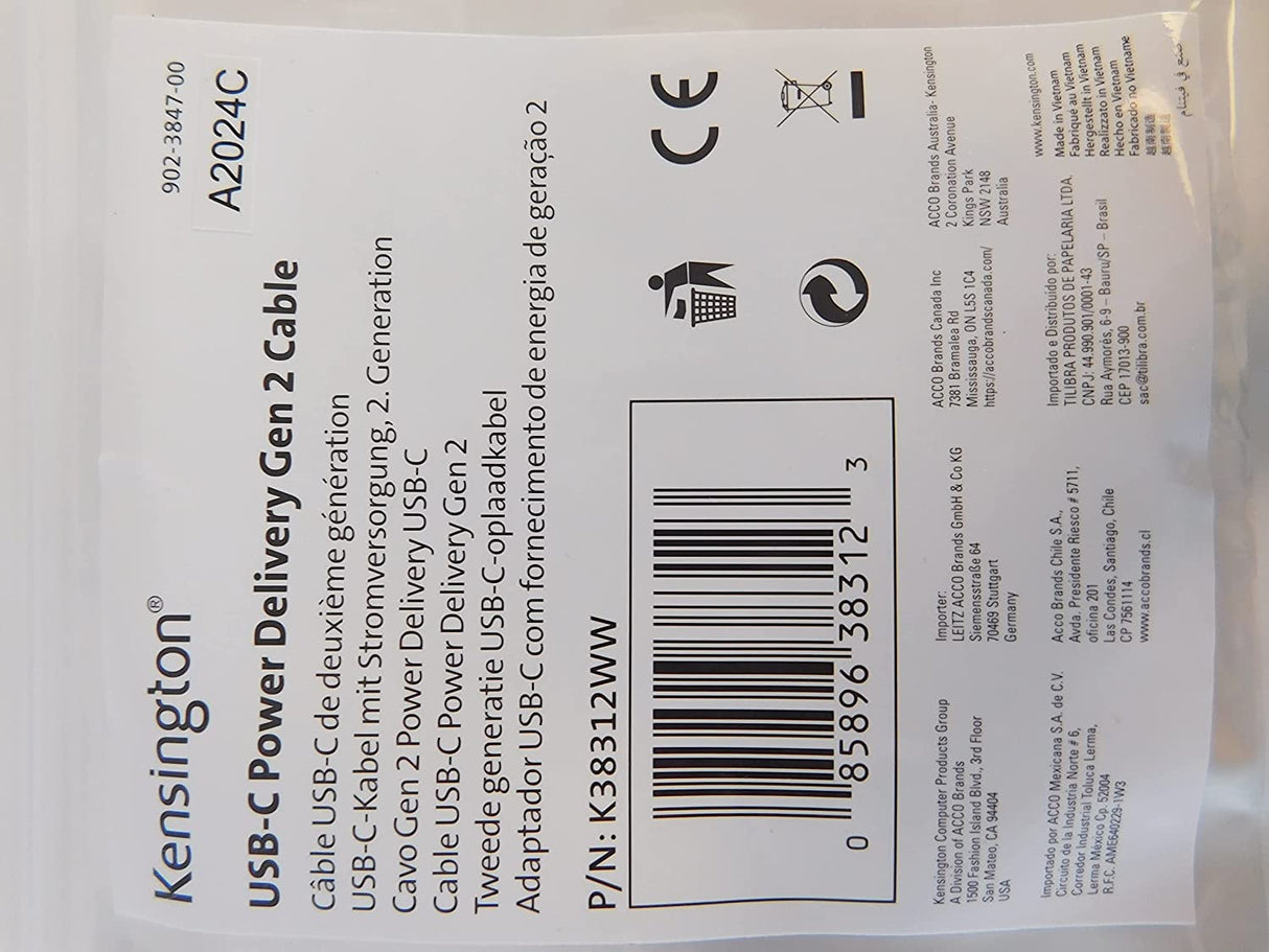 Kensington USB-C 3.2 Gen2 10Gbps Cable with USB-A Adapter - 100W Power Delivery, 1 Meter (K38312WW)