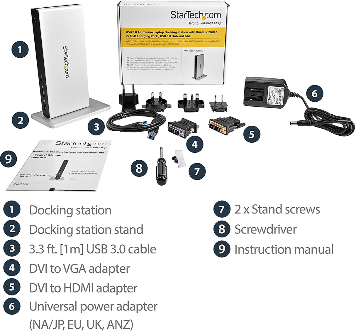 StarTech.com Dual Monitor USB 3.0 Docking Station w/ DVI to VGA & HDMI Adapters, 5x USB 3.0 & Audio - Vertical DVI Dock for Mac & Windows (USB3SDOCKDD) 2 x monitor|5 x USB-A 3.0|vertical