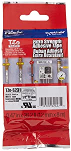 Brother Genuine P-touch TZE-S231 Label Tape, 1/2" (0.47") Extra Strength Adhesive Laminated P-touch Tape, Black on White, Laminated for Indoor or Outdoor Use, Water Resistant, 26.2 Feet (8M), Single-Pack
