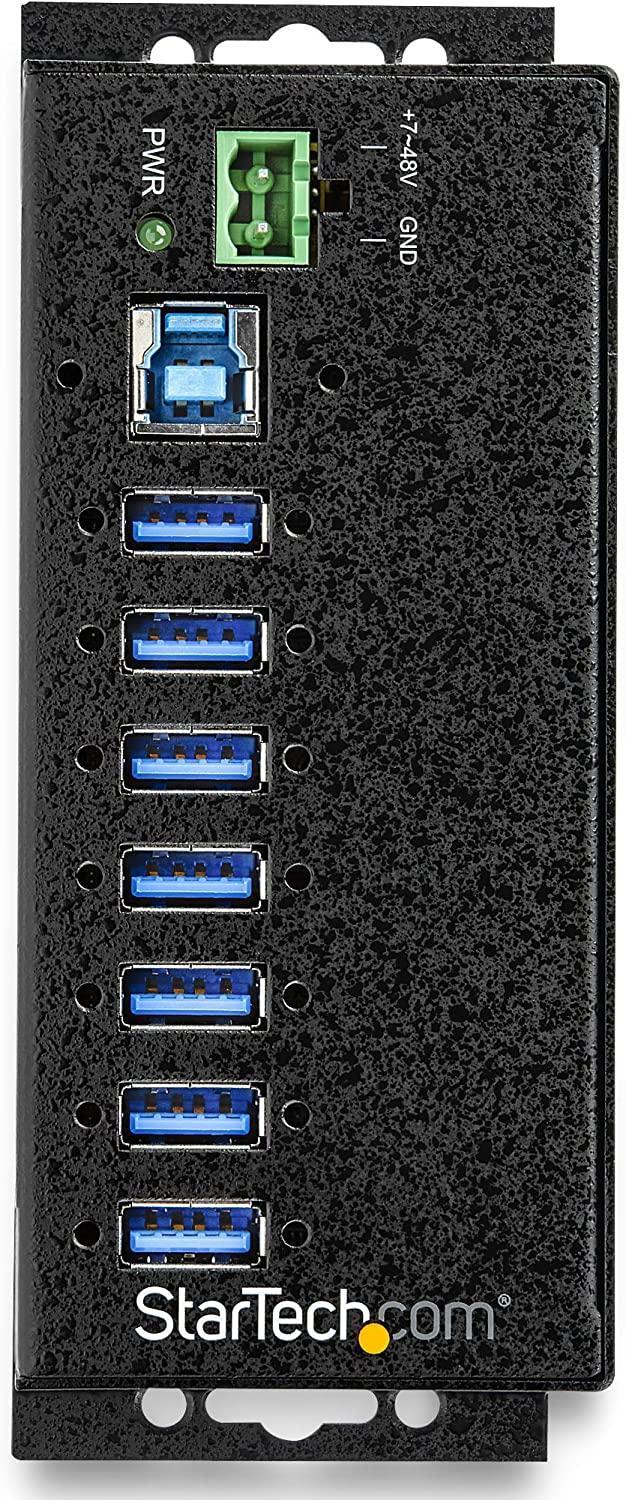 StarTech.com 7-Port USB 3.0 Hub with Power Adapter - Metal Industrial USB-A Hub with ESD & 350W Surge Protection - Din/Wall/Desk Mountable - High Speed USB 3.1 Gen 1 5Gbps Hub (HB30A7AME) 7 port power adapter included Hub