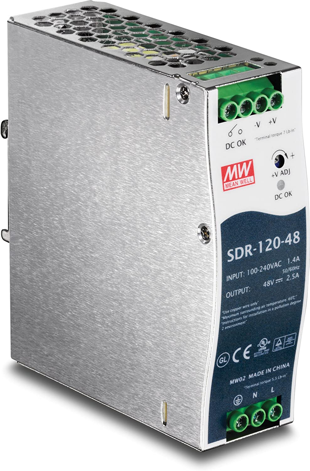 TRENDnet 120 W Single Output Industrial DIN-Rail Power Supply, Extreme -25 to 70 °C (-13 to 158 °F) Operating Temp, Power Supply 120W, DIN-Rail Mount, Overload Protection, Silver, TI-S12048