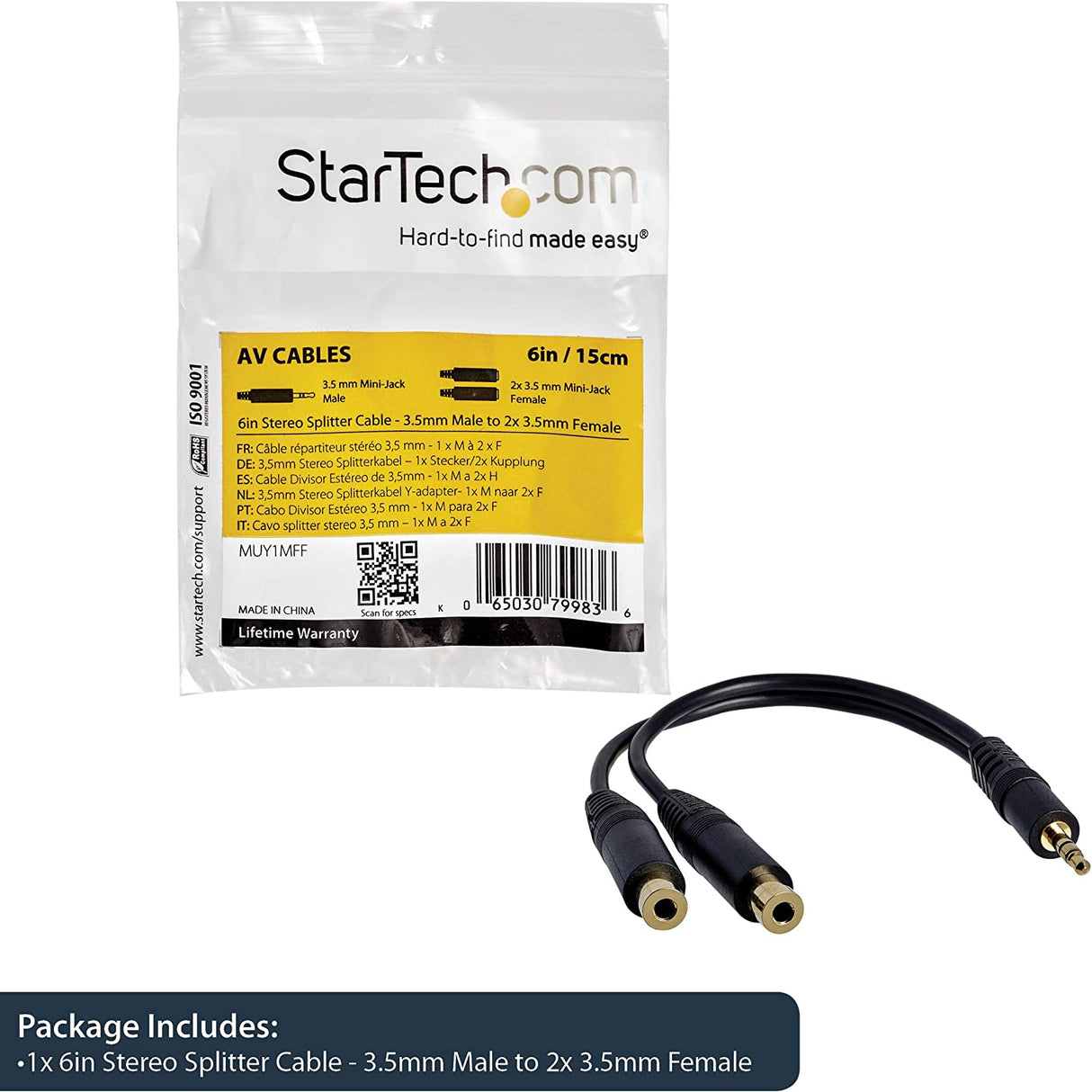 StarTech.com 6 in. 3.5mm Audio Splitter Cable - Stereo Splitter Cable - Gold Terminals - 3.5mm Male to 2x 3.5mm Female - Headphone Splitter (MUY1MFF),Black Standard Cable Black