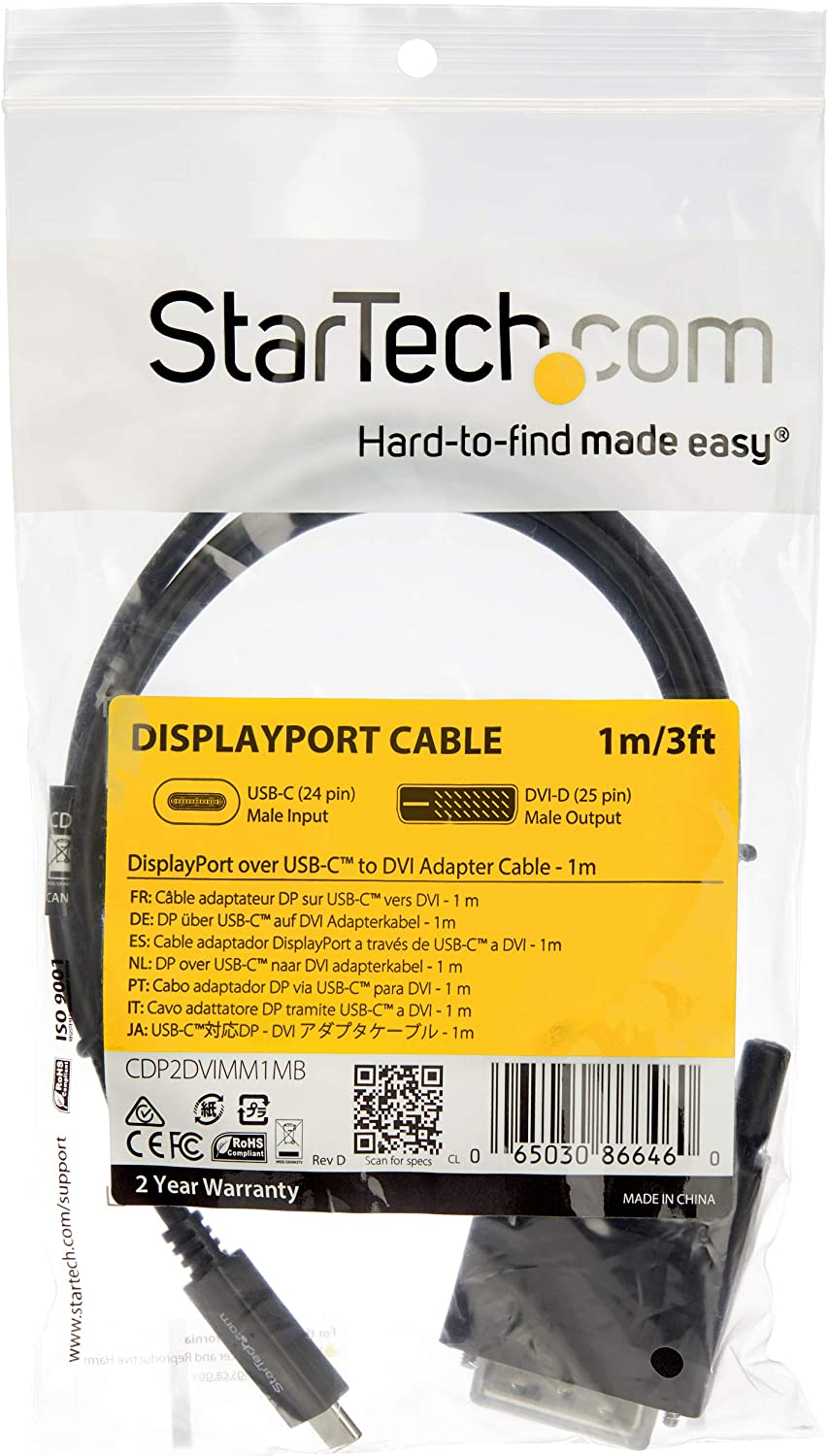 StarTech.com 3.3 ft / 1 m USB-C to DVI Cable - USB Type-C Video Adapter Cable - 1920 x 1200 - Black (CDP2DVIMM1MB) 3.3 feet