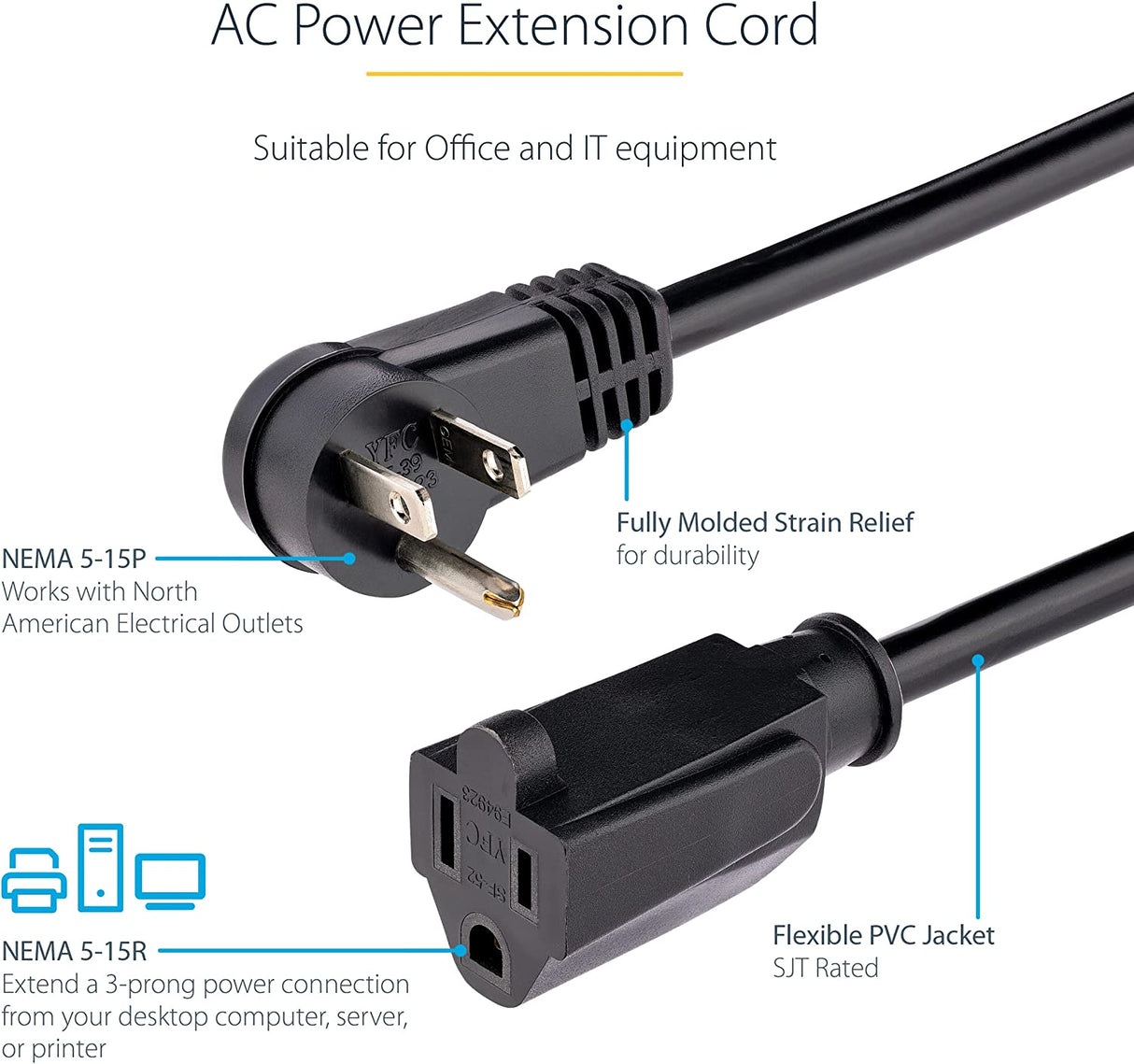 StarTech.com 3ft (1m) Power Extension Cord, Right Angle NEMA 5-15P to NEMA 5-15R, 13A 125V, 16AWG, Computer Power Extension Cord, Flat Extension Cord, AC Outlet Extension Cable, UL Listed (PAC101R3)