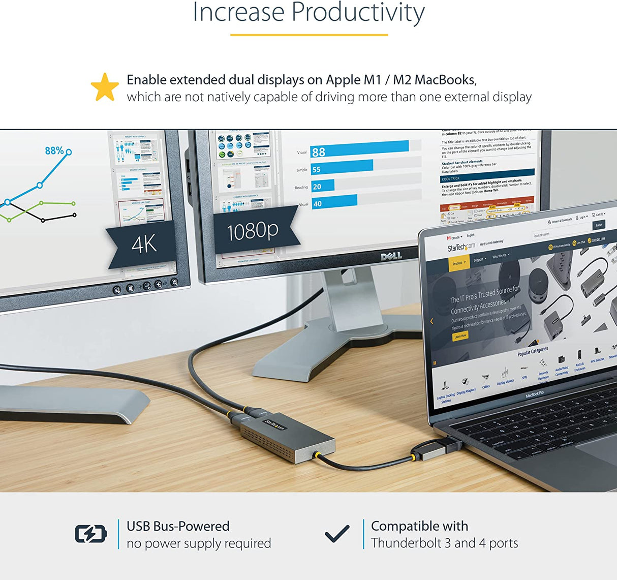 StarTech.com USB to Dual HDMI Adapter, USB A/C to 2x HDMI Displays (1x 4K30Hz, 1x 1080p), Integrated USB-A to C Dongle, 4in/11cm Cable, USB 3.0 to HDMI Display Adapter, Windows & macOS (107B-USB-HDMI) 2x HDMI | USB 3.0 | Mac & Windows OS