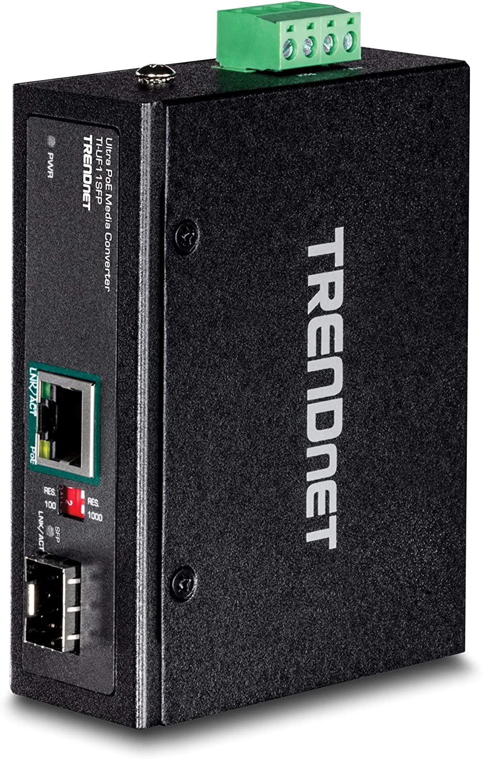 TRENDnet Hardened Industrial SFP to Gigabit UPoE Media Converter, IP30 Rated Housing, Includes DIN-Rail & Wall Mounts, Operating Temp. -40 to 75 °C (-40 to 167 °F), TI-UF11SFP, Black