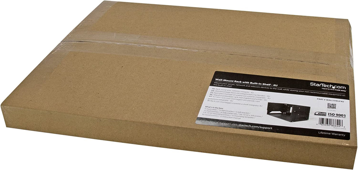 StarTech.com 4U Open Frame Wall Mount Network Rack w/ Built in Shelf - 2-Post Adjustable Depth (12" to 18") Equipment Rack - 75.2lbs (WALLSHELF4U) 4U Adjustable Depth w Shelf