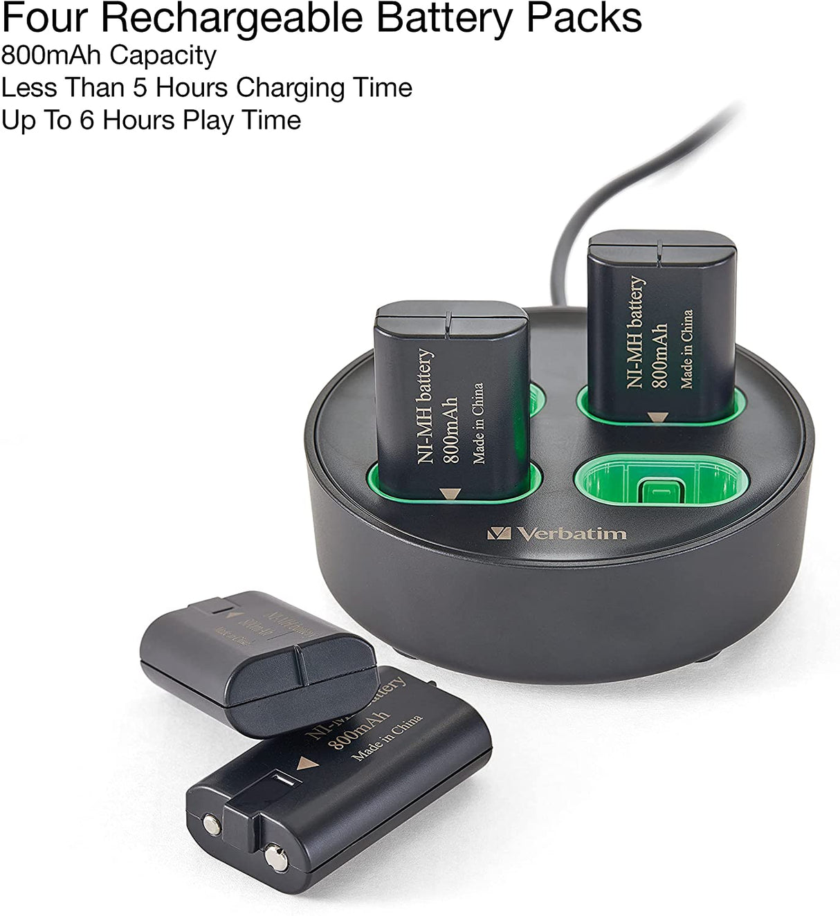Verbatim Charging Stand with 4 x 800mAh Rechargable Battery Packs for use with Xbox Controllers Xbox Series X, Xbox Series S, Xbox One X, Xbox One S Charging Stand/Four Rechargeable Batteries