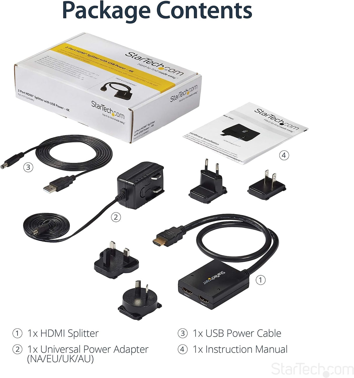 StarTech.com 4K HDMI Splitter 1 In 2 Out - 4K 30Hz HDMI 1.4 2 Port Video Splitter Box -with high speed HDMI cable, USB power cable - Black (ST122HD4KU)