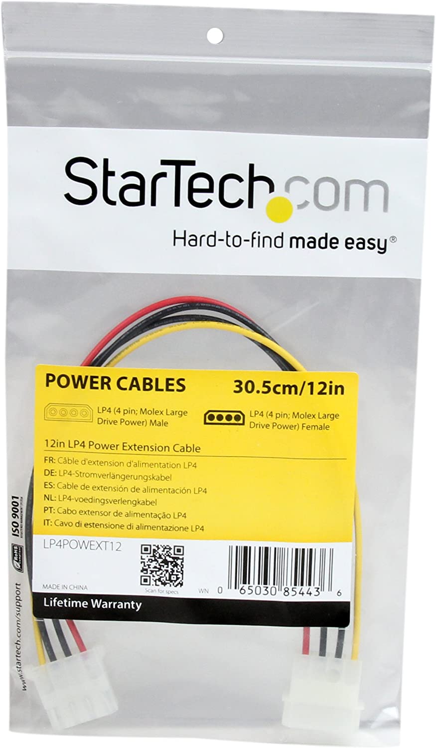 StarTech.com 12in Molex LP4 Power Extension Cable M/F - 4 pin Molex Power Connector - 4 pin Power Extension Cable - LP4 Power Cable (LP4POWEXT12)