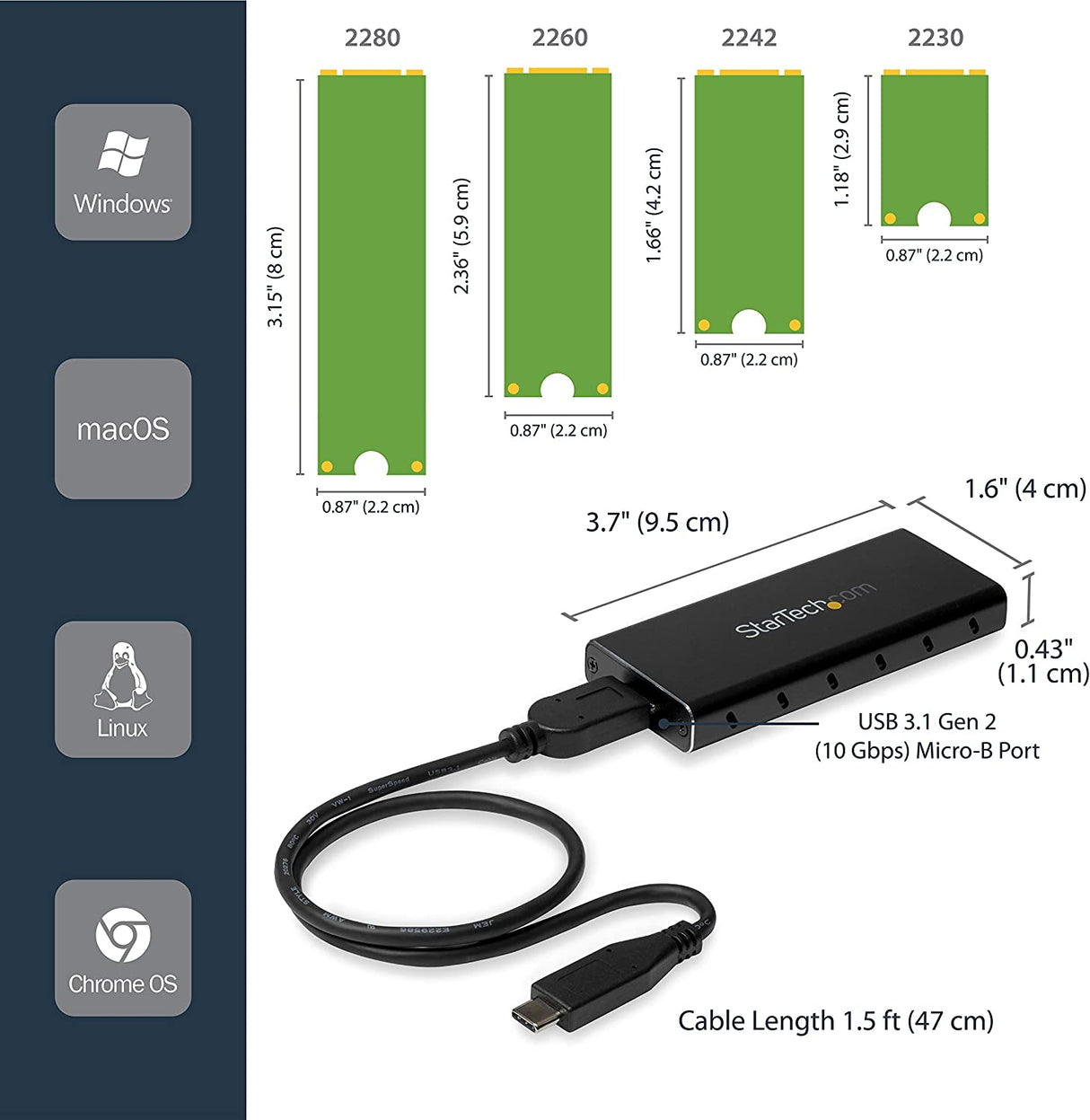 StarTech.com M.2 SSD Enclosure for M.2 SATA SSDs - USB 3.1 (10Gbps) with USB-C Cable - External Enclosure for USB-C Host - Aluminum (SM21BMU31C3) Basic M.2 SATA