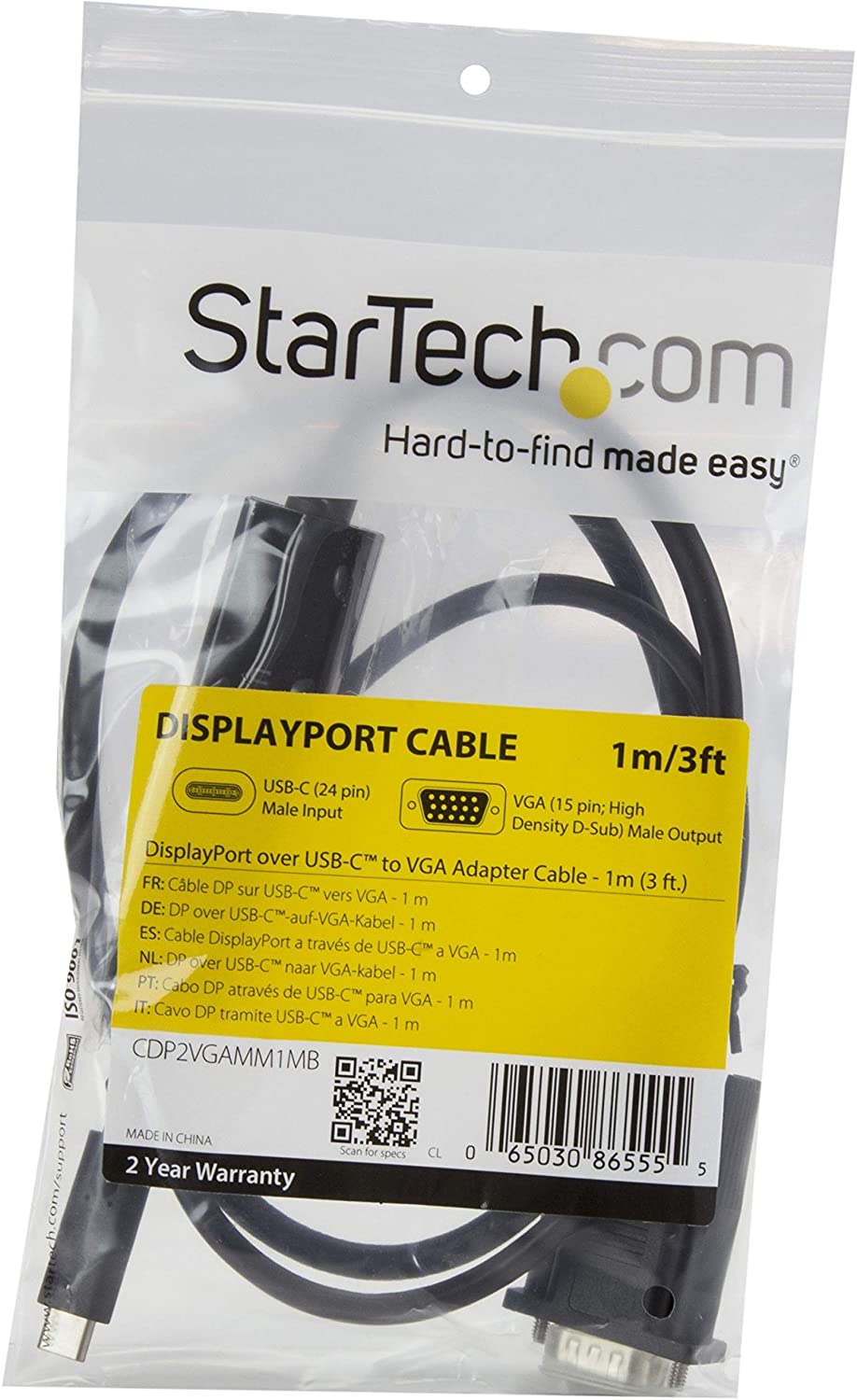 StarTech.com 3ft/1m USB C to VGA Cable - 1920x1200/1080p USB Type C to VGA Video Active Adapter Cable - Thunderbolt 3 Compatible - Laptop to VGA Monitor/Projector - DP Alt Mode HBR2 (CDP2VGAMM1MB) 3.3 feet