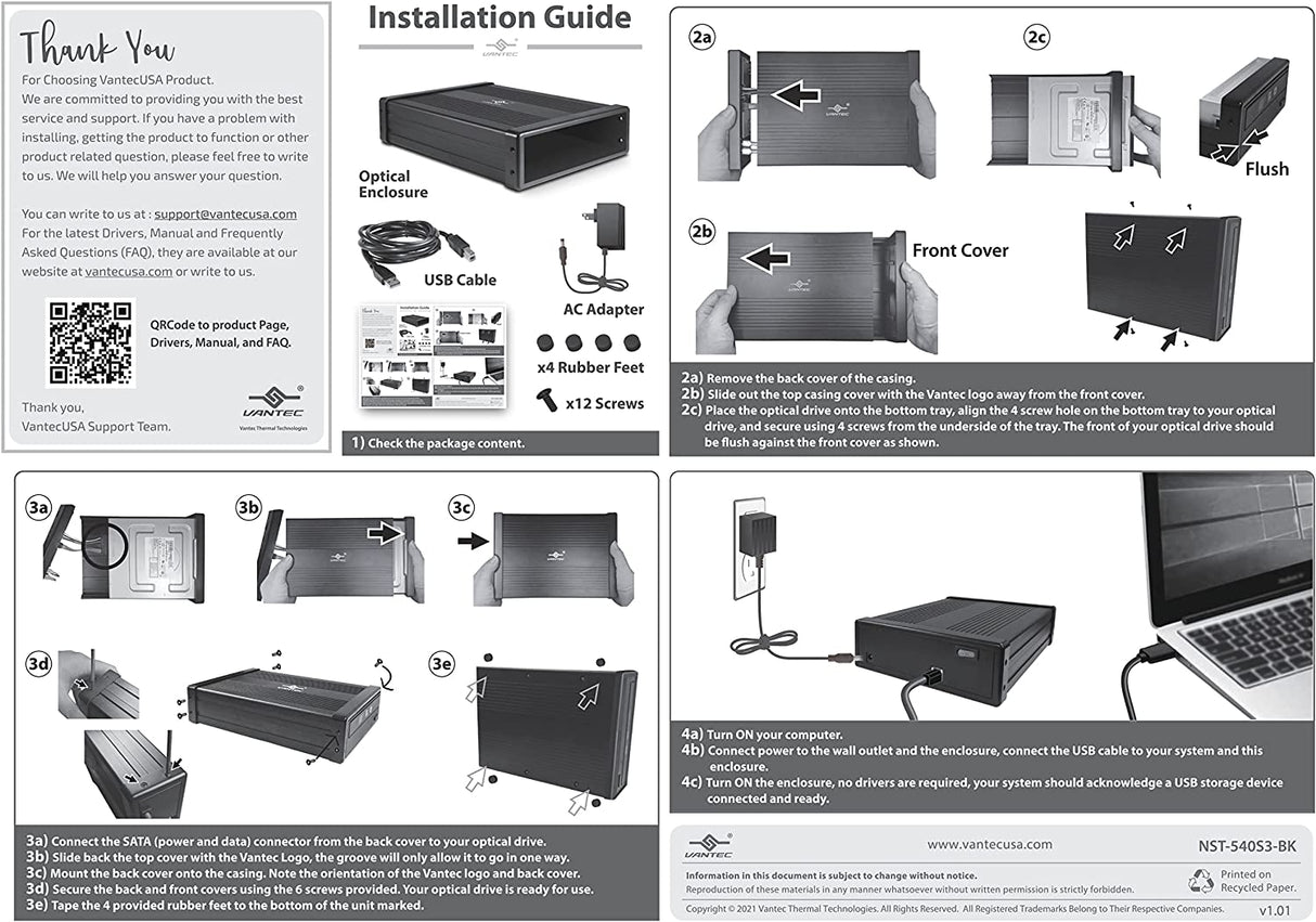 Vantec NexStar DX2 USB 3.0 External Enclosure Design for 5.25" Blu-Ray/CD/DVD SATA Drive, Plug and Ready, No Drivers Needed, Aluminum Alloy (NST-540S3-BK)