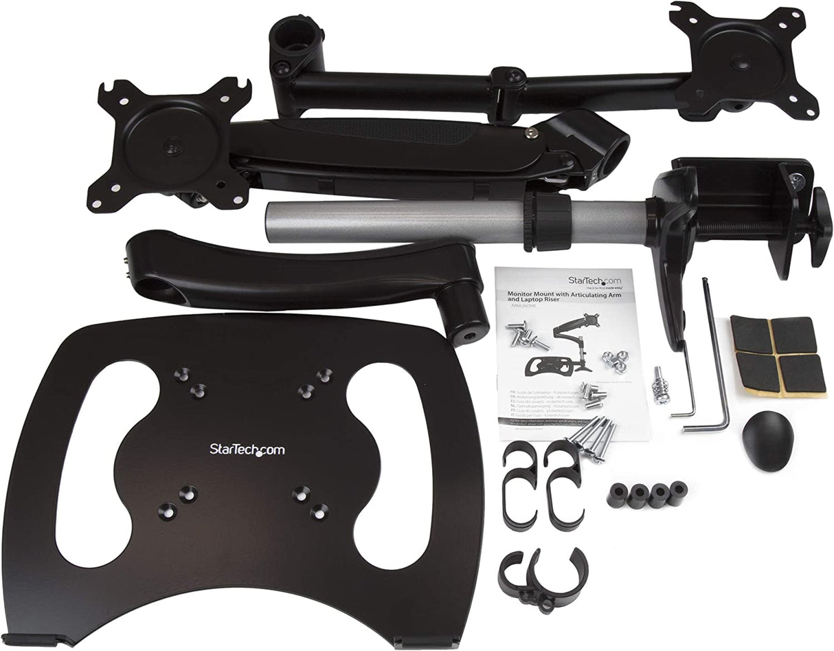 StarTech.com Laptop Monitor Stand - Computer Monitor Stand - Full Motion Articulating - VESA Mount Monitor Desk Mount (ARMUNONB) Black Dual Arms - Monitor & Laptop