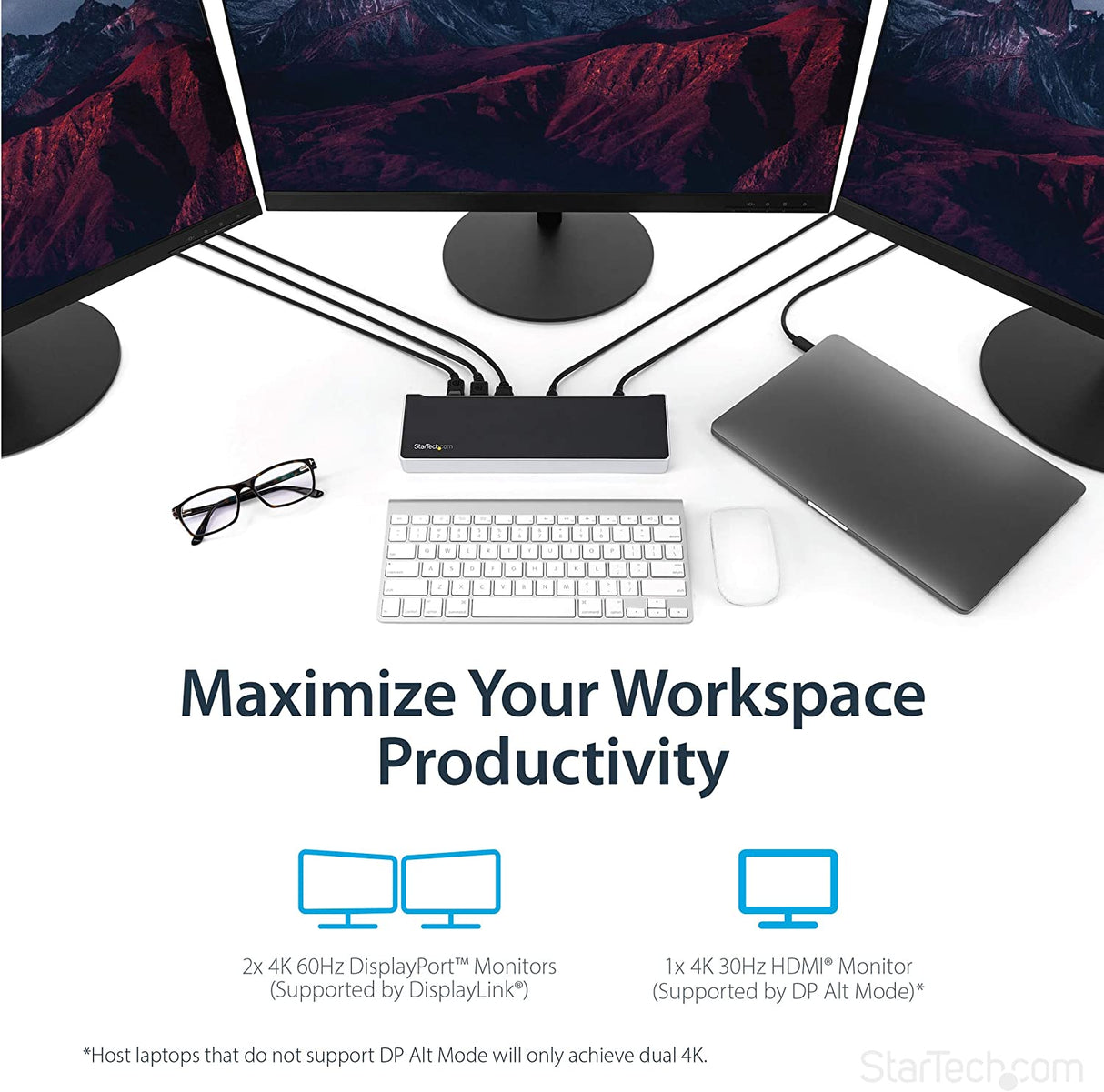 StarTech.com USB-C 4K Triple Display Laptop Docking Station with DisplayPort & HDMI - 60W PD - USB 3.1 Dock for Windows & MacBook Pro (DK30CH2DPPD) 60W Power Delivery | 3x USB-A 3.0 | 1x USB-A 3.0 Fast Charge Docking Station