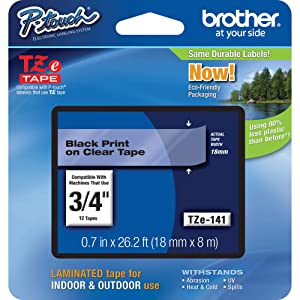 Brother Genuine P-Touch TZE-141 Tape, 3/4" (0.7") Standard Laminated P-Touch Tape, Black on Clear, Laminated for Indoor or Outdoor Use, Water-Resistant, 26.2 ft (8 m), Single-Pack 1 pack Clear