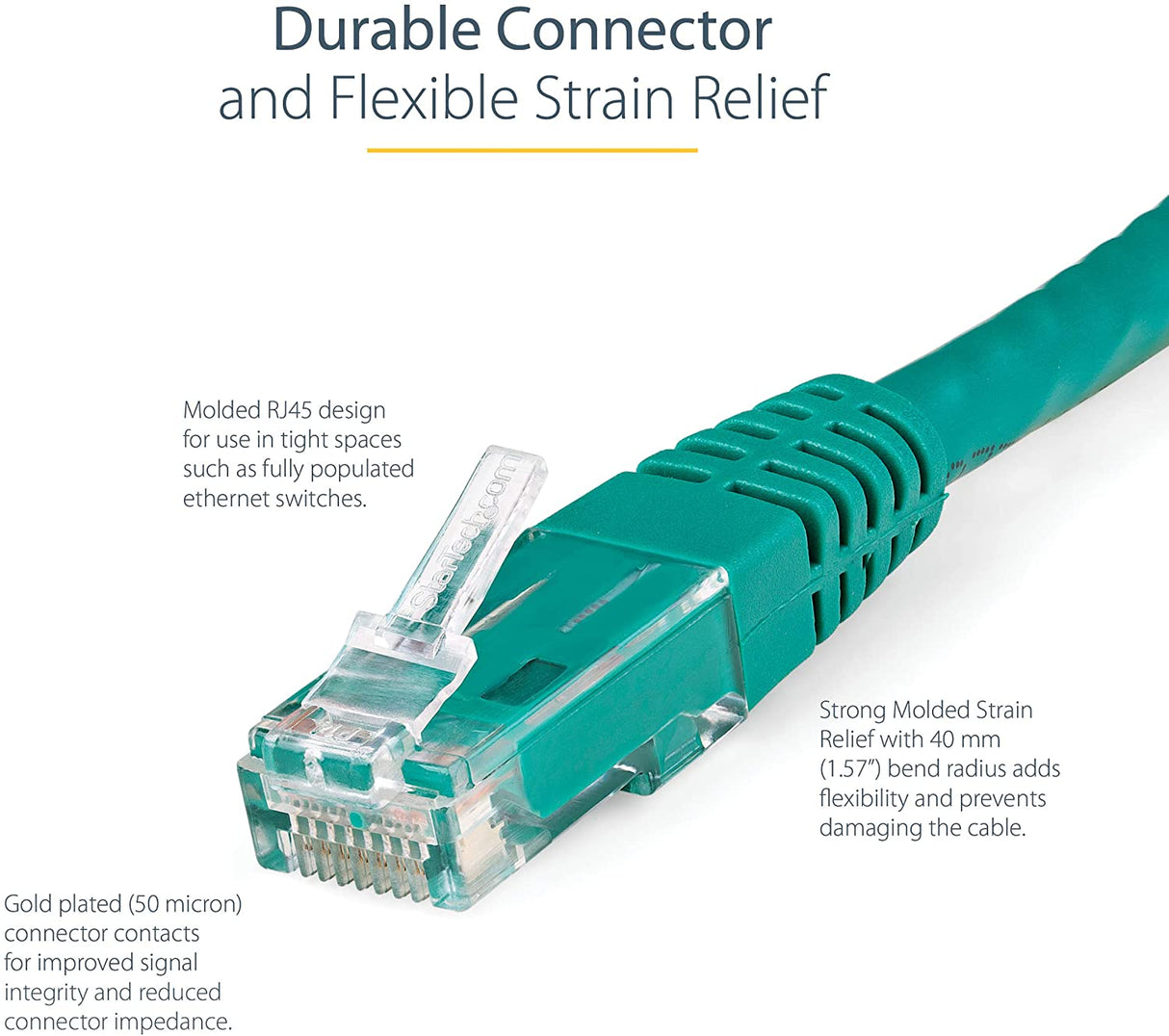 StarTech.com 4ft CAT6 Ethernet Cable - Green CAT 6 Gigabit Ethernet Wire -650MHz 100W PoE++ RJ45 UTP Molded Category 6 Network/Patch Cord w/Strain Relief/Fluke Tested UL/TIA Certified (C6PATCH4GN) Green 4 ft / 1.22 m 1 Pack