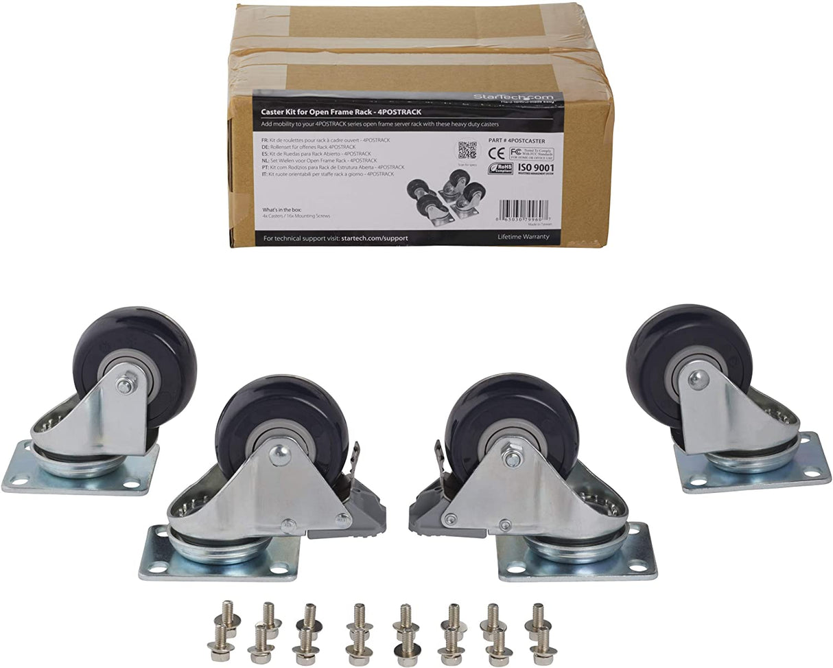 StarTech.com 4-Piece Caster Kit for Open Frame Rack - TAA Compliant Heavy Duty Casters - Includes Installation Hardware (4POSTCASTER)