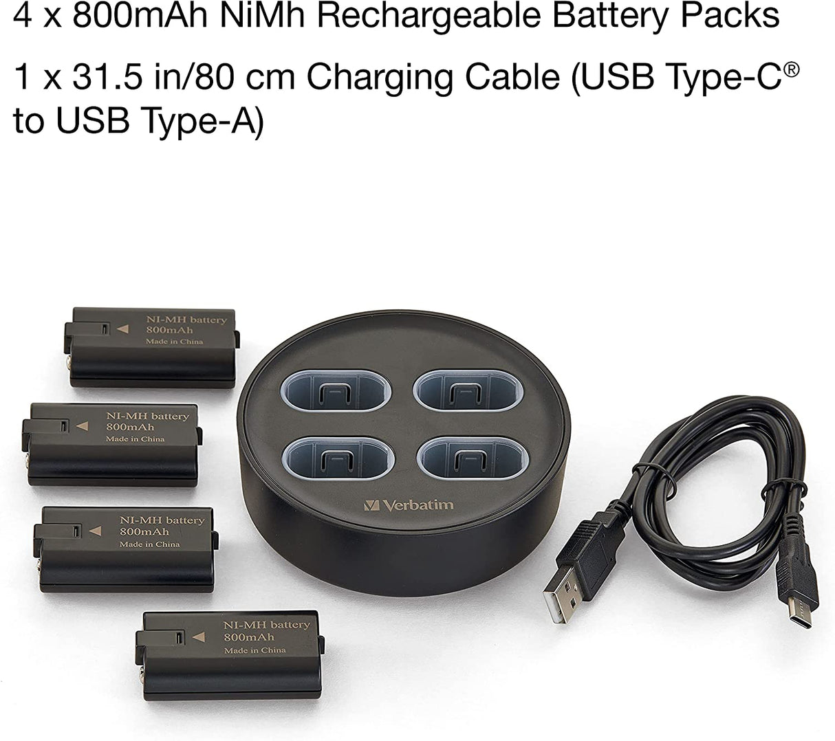 Verbatim Charging Stand with 4 x 800mAh Rechargable Battery Packs for use with Xbox Controllers Xbox Series X, Xbox Series S, Xbox One X, Xbox One S Charging Stand/Four Rechargeable Batteries