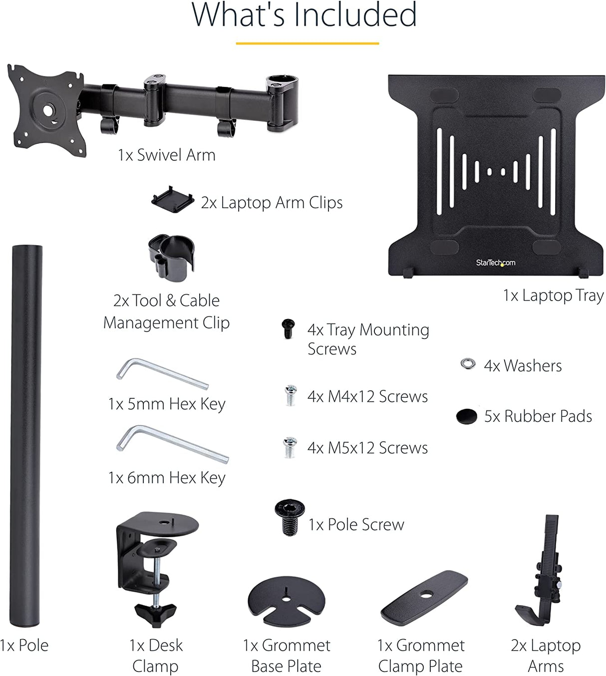 StarTech.com Laptop Desk Mount - Monitor and Laptop Mount - Displays up to 34in (8kg/17.6lb) & Laptops (4.5kg/9.9lb) - Articulating VESA Laptop Tray Arm - Clamp / Grommet Mount (A-Laptop-Desk-Mount) Black Dual Joint Arm - Monitor or Laptop