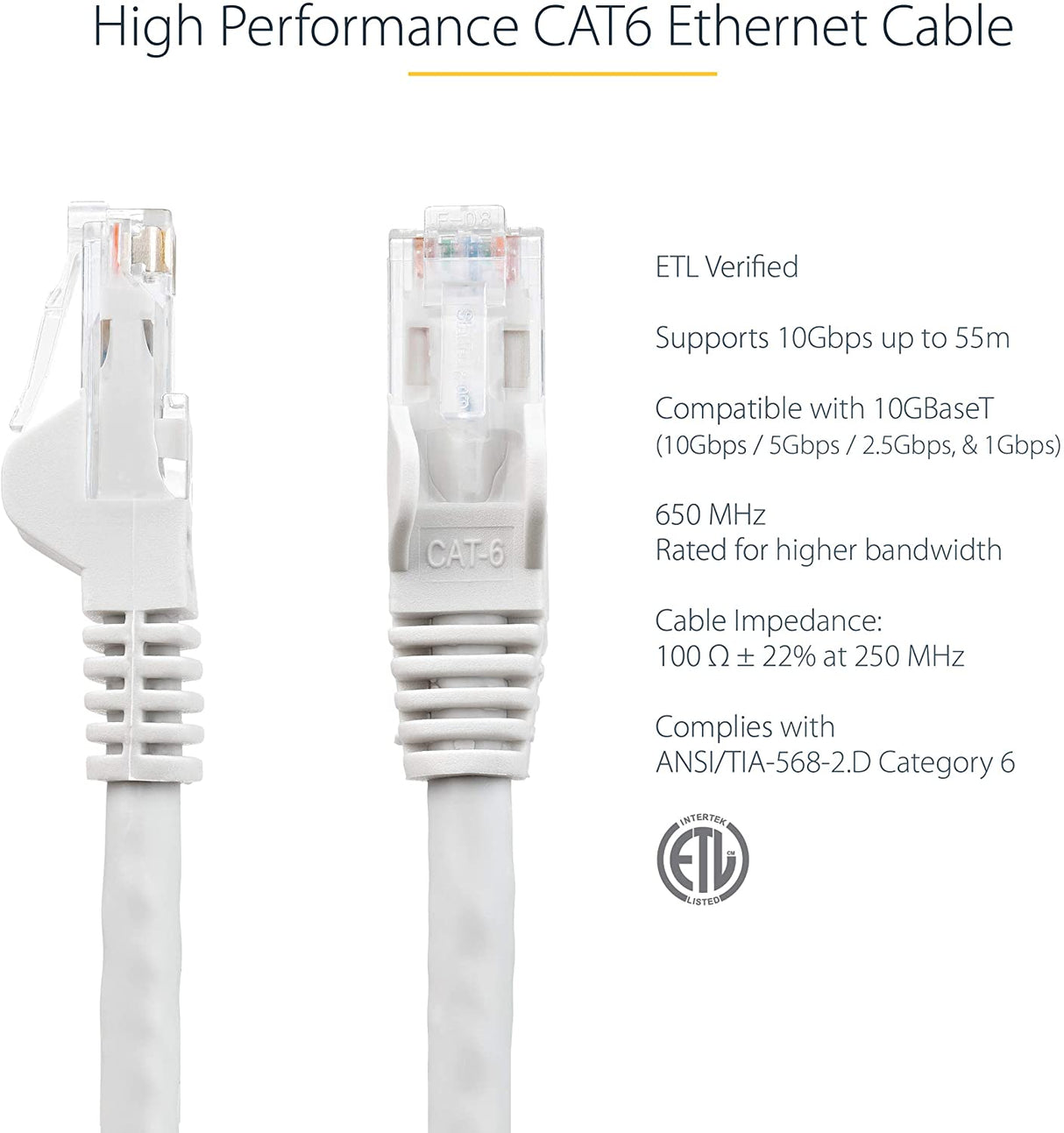 StarTech.com 50ft CAT6 Cable - White CAT6 Ethernet Cable - Gigabit Ethernet Wire - 650MHz 100W PoE RJ45 UTP CAT 6 Network/Patch Cord Snagless - Fluke Tested/Wiring is UL Certified/TIA (N6PATCH50WH) White 50 ft / 15 m 1 Pack