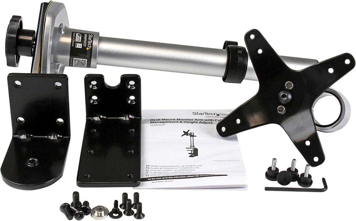 StarTech.com Monitor Desk Mount - Adjustable - Supports Monitors Up to 30lb / 14kg - Premium Single Screen VESA Monitor Mount - Desk & Grommet Clamp -Silver (ARMPIVOT) Silver No Articulating Arm