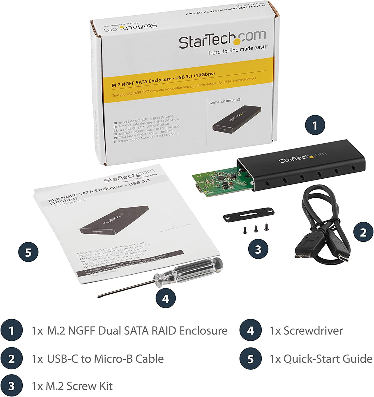 StarTech.com M.2 SSD Enclosure for M.2 SATA SSDs - USB 3.1 (10Gbps) with USB-C Cable - External Enclosure for USB-C Host - Aluminum (SM21BMU31C3) Basic M.2 SATA