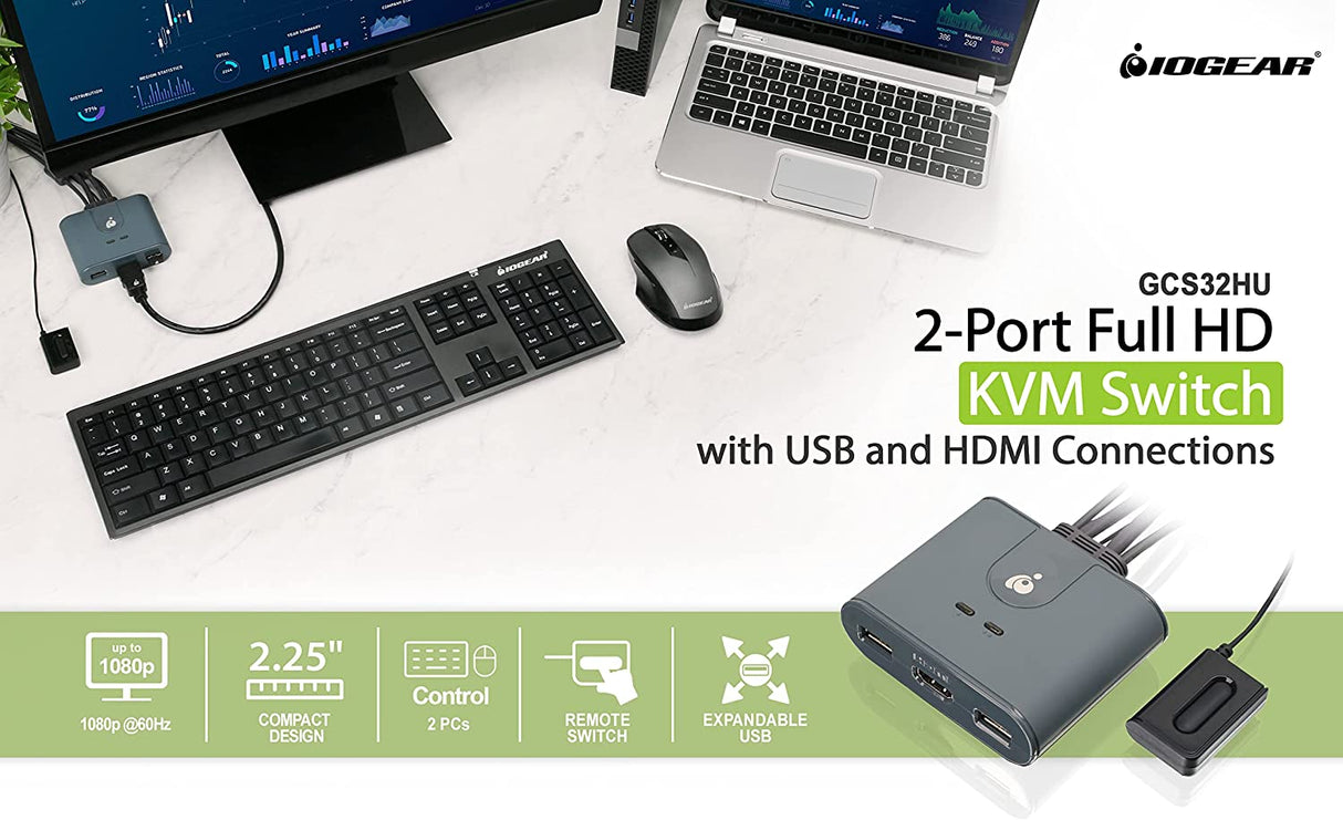 IOGEAR 2-Port USB HDMI Cabled KVM - 1920x1200@60Hz - Remote Button Switch - Plug-n-Play - Molded Cables Design for Easy Setup - Xbox / PS4/5 - Windows, Mac and Linux - GCS32HU