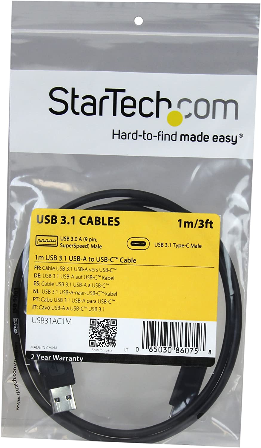 StarTech.com USB to USB C Cable - 3 ft / 1m - 10 Gbps - USB-C to USB-A - USB 2.0 Cable - USB Type C (USB31AC1M),Black