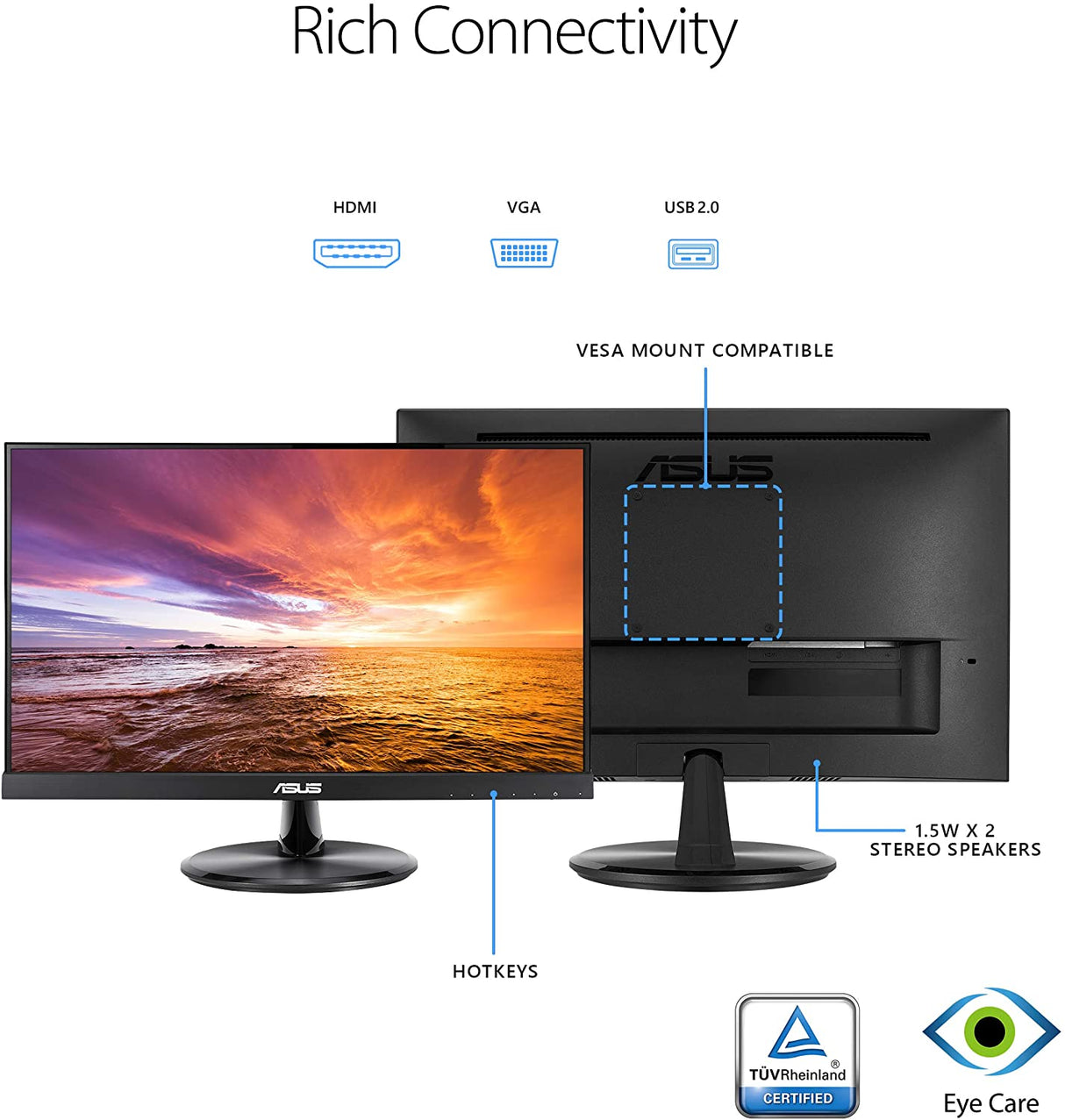 ASUS VT229H 21.5" Monitor 1080P IPS 10-Point Touch Eye Care with HDMI VGA, Black 21.5" IPS Touch Screen, Speakers