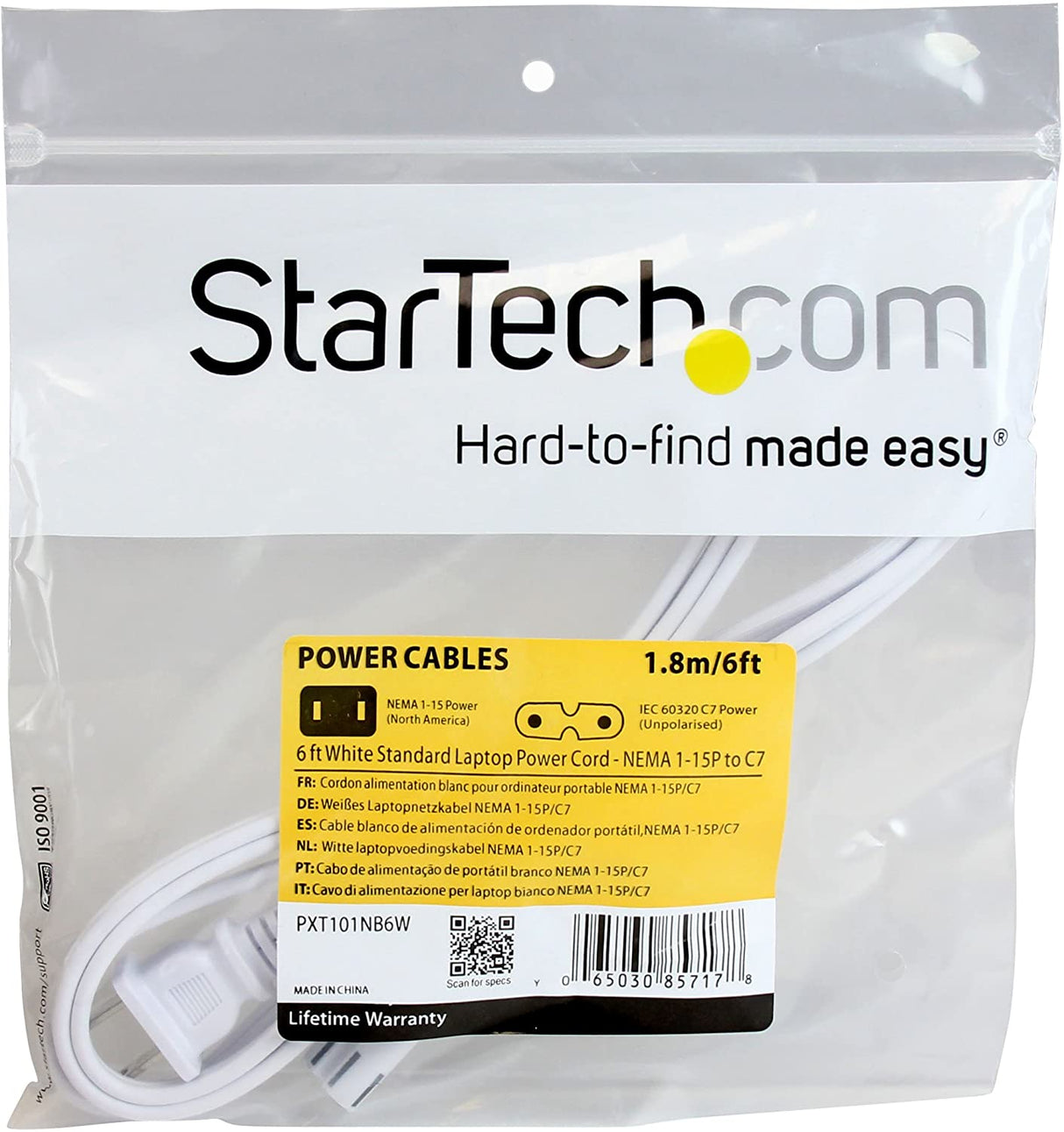 StarTech.com 6 ft White Standard Laptop Power Cord - NEMA 1-15P to C7-2-Slot Laptop/Notebook Charger Cable - Apple TV Power Cable 6ft (PXT101NB6W)