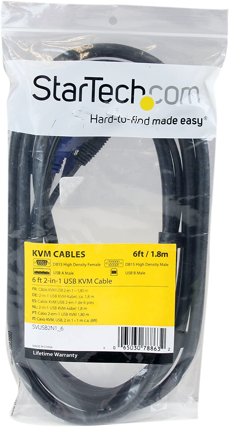 StarTech.com 2-in-1 USB KVM Cable - Keyboard / video / mouse / USB cable - HD-15 (VGA), USB Type B (M) to USB, HD-15 (VGA) - 6 ft - SVUSB2N1_6, Black 6 ft USB