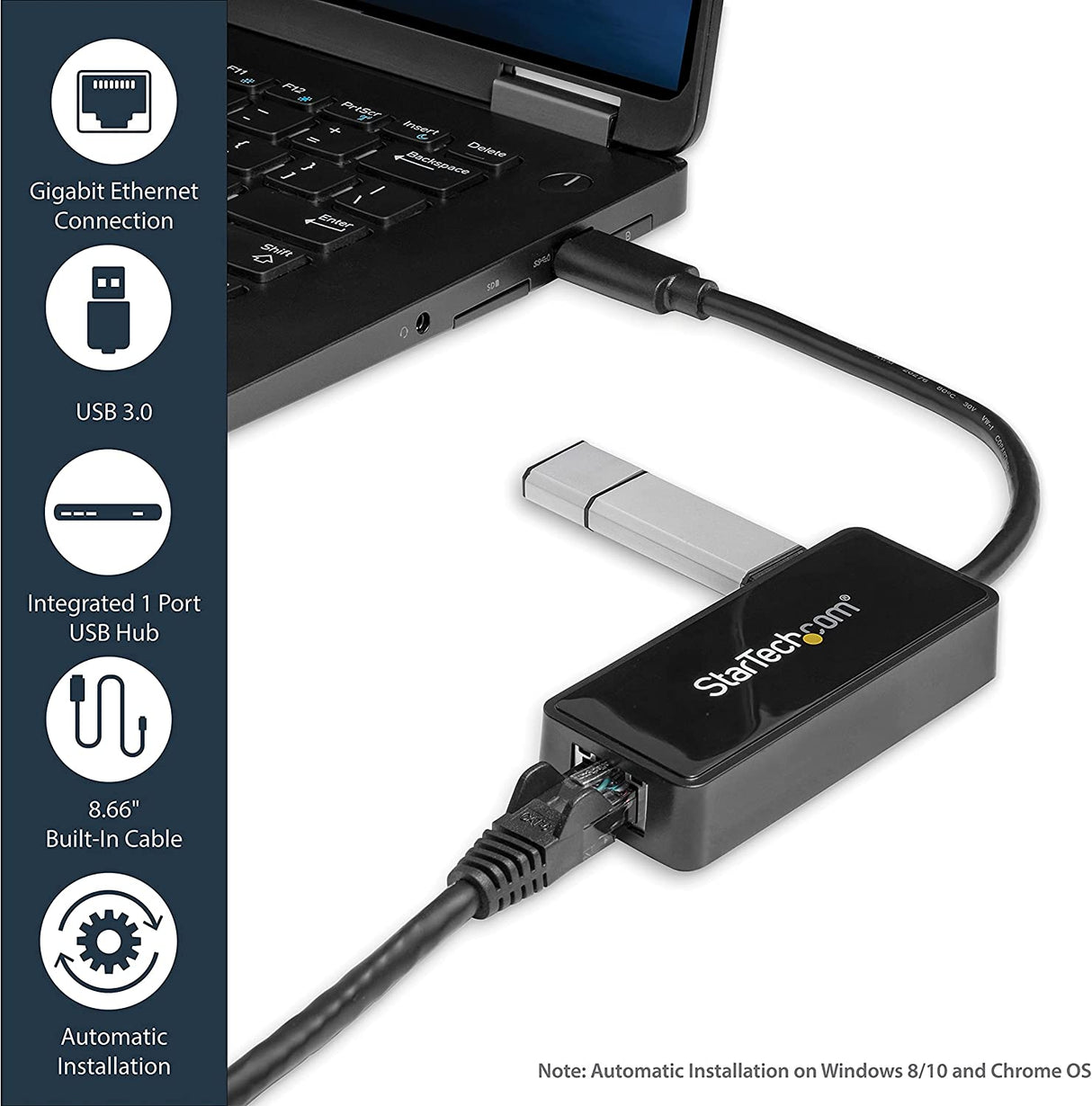 StarTech.com USB 3.0 Ethernet Adapter - USB 3.0 Network Adapter NIC with USB Port - USB to RJ45 - USB Passthrough (USB31000SPTB) 1x USB-A Black