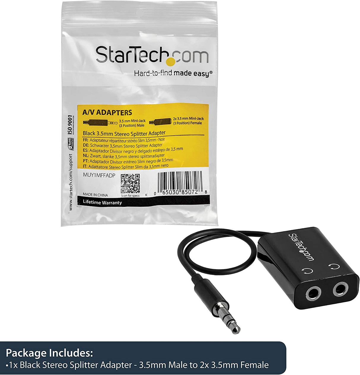 StarTech.com Black Slim Mini Jack Headphone Splitter Cable Adapter - 3.5mm Audio Mini Stereo Y Splitter - 3.5mm Male to 2x 3.5mm Female (MUY1MFFADP) Adapter Black