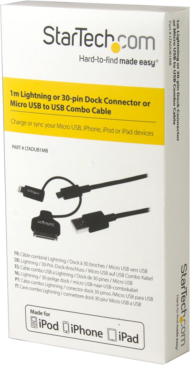 StarTech.com 1m 3 ft Black Apple 8-pin Lightning or 30-pin Dock Connector or Micro USB to USB Cable for iPhone iPod iPad - Charge & Sync (LTADUB1MB)
