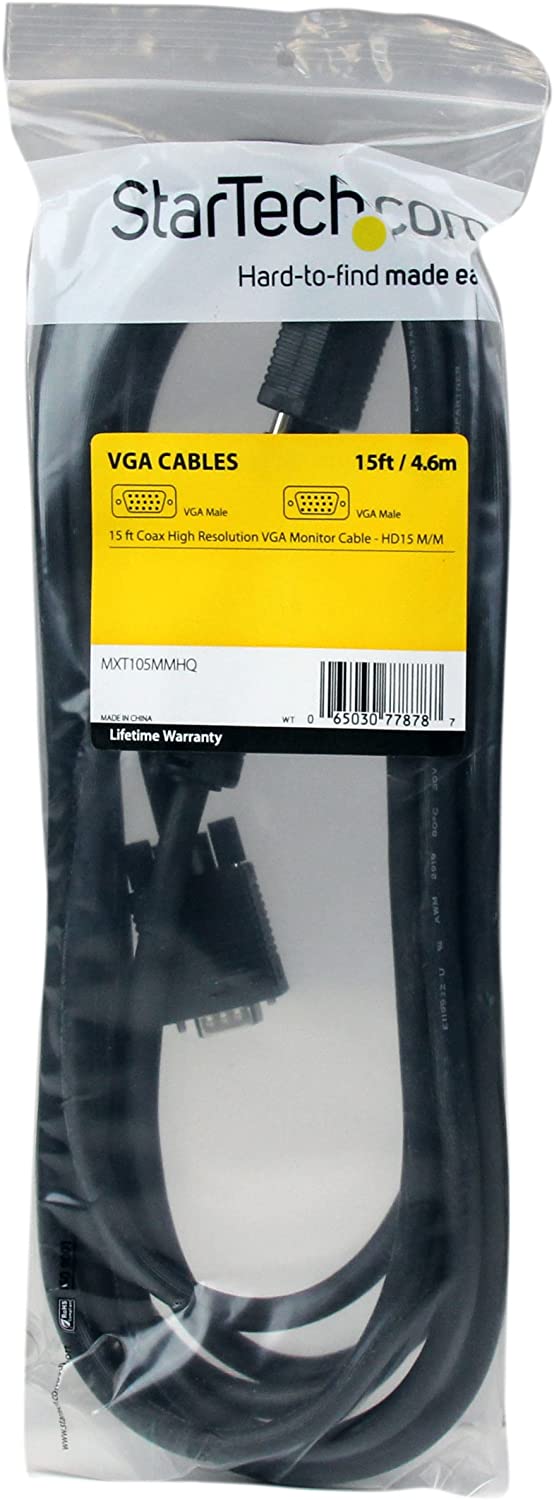 StarTech.com 15 ft Coax High Resolution Monitor VGA Cable - HD15 M/M - 15ft HD15 to HD15 Cable - 15ft VGA Monitor Cable (MXT105MMHQ), Black 15 ft / 4.5m Standard Packaging