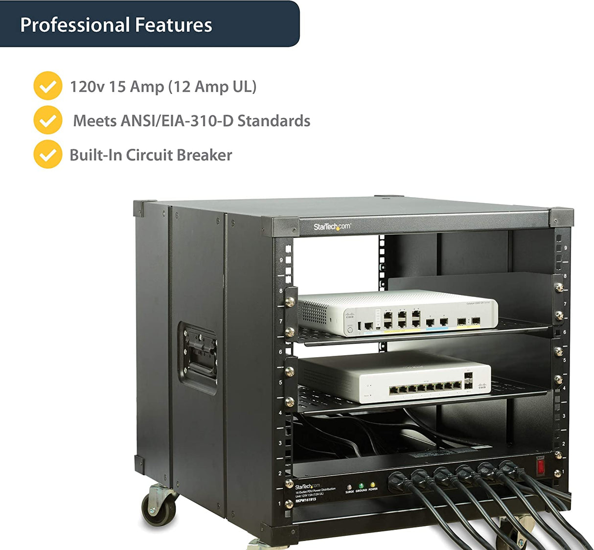 StarTech.com 16 Outlet Horizontal 1U Rack Mount PDU Power Strip for Network Server Racks - Surge Protection - 120V/15A - 6ft Power Cord (RKPW161915) 16 Outlets | 15A Power Strip