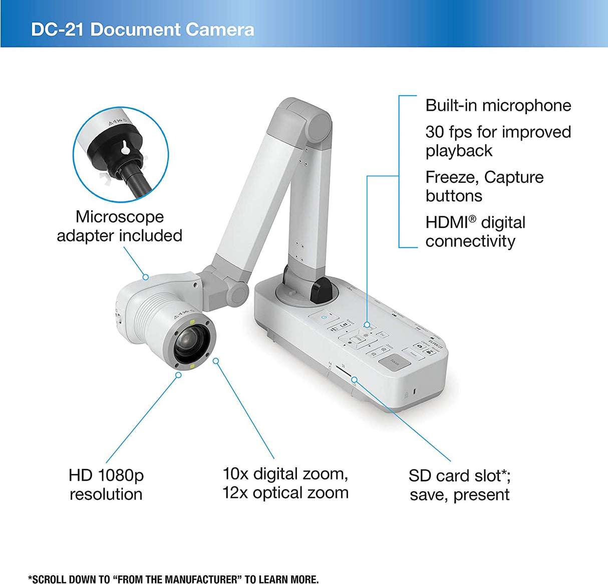 Epson DC-21 High-Definition Document Camera with HDMI, 12x Optical Zoom, 10x Digital Zoom and 1080p Resolution DC-21 - 1080p, 12x Optical Zoom