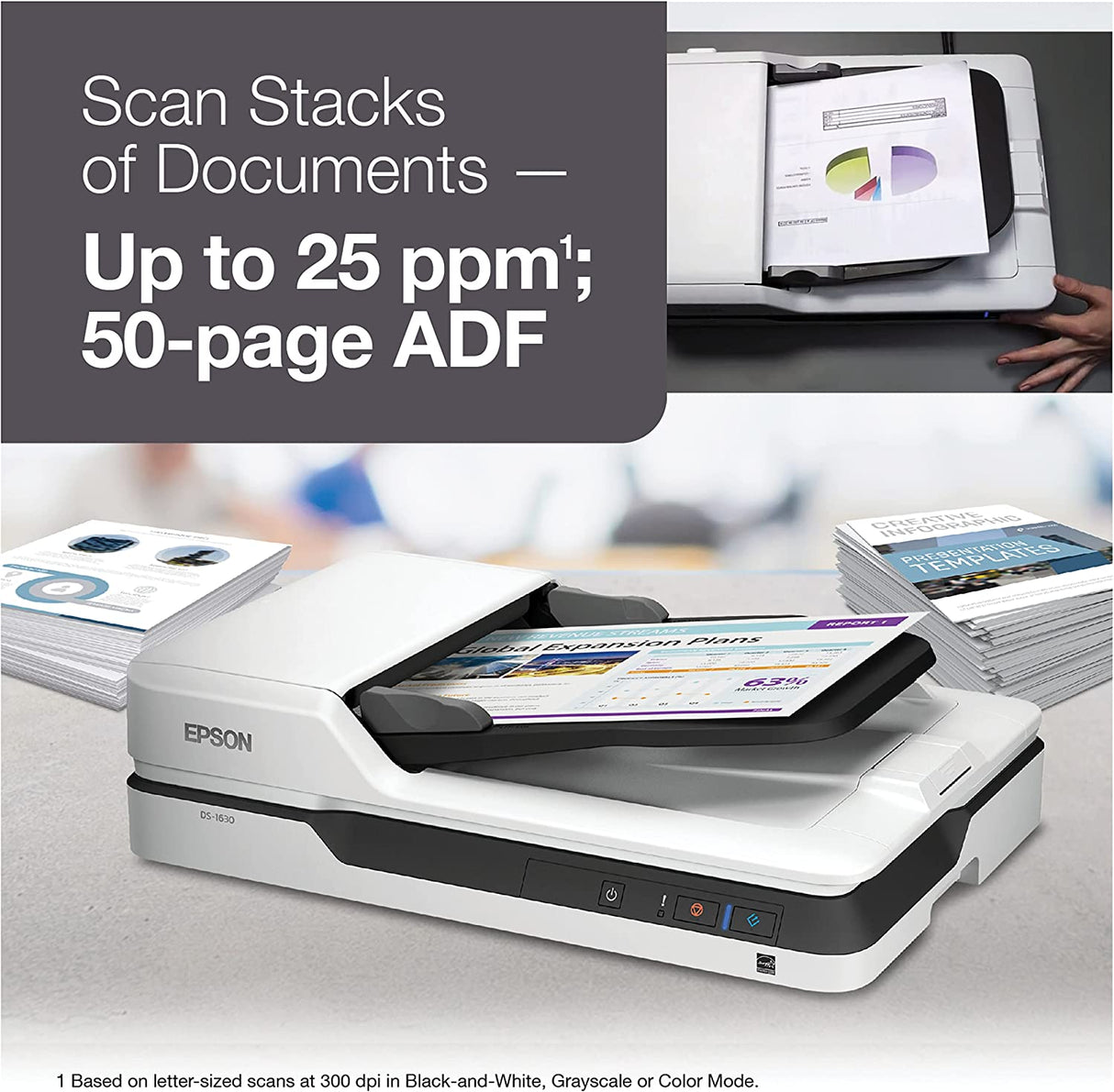 Epson DS-1630 Document Scanner: 25ppm, TWAIN & ISIS Drivers, 3-Year Warranty with Next Business Day Replacement