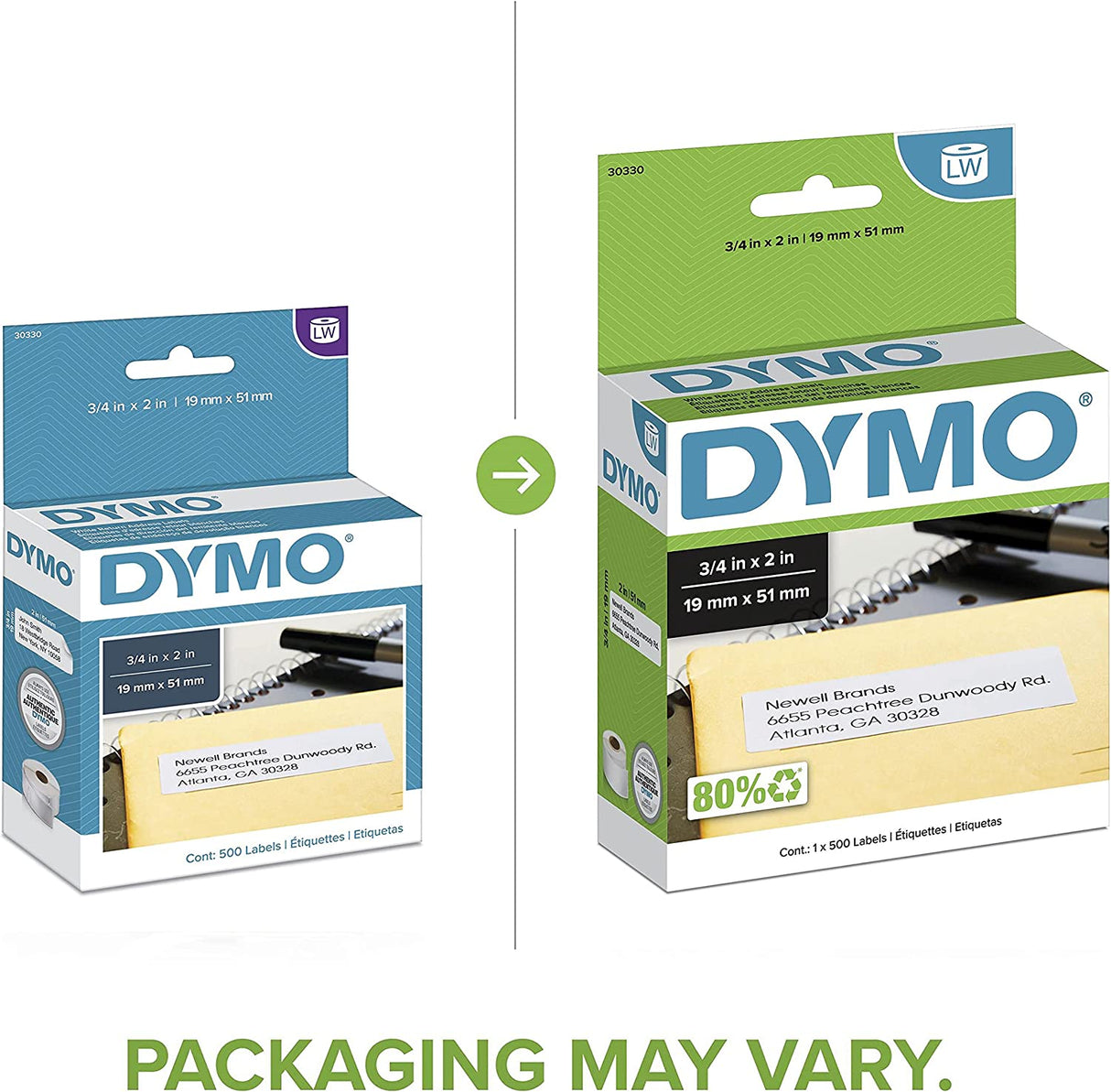 DYMO Authentic LW Return Address Labels for LabelWriter Label Printers, White, 3/4'' x 2'', 1 roll of 500 Return Address Labels 500 labels