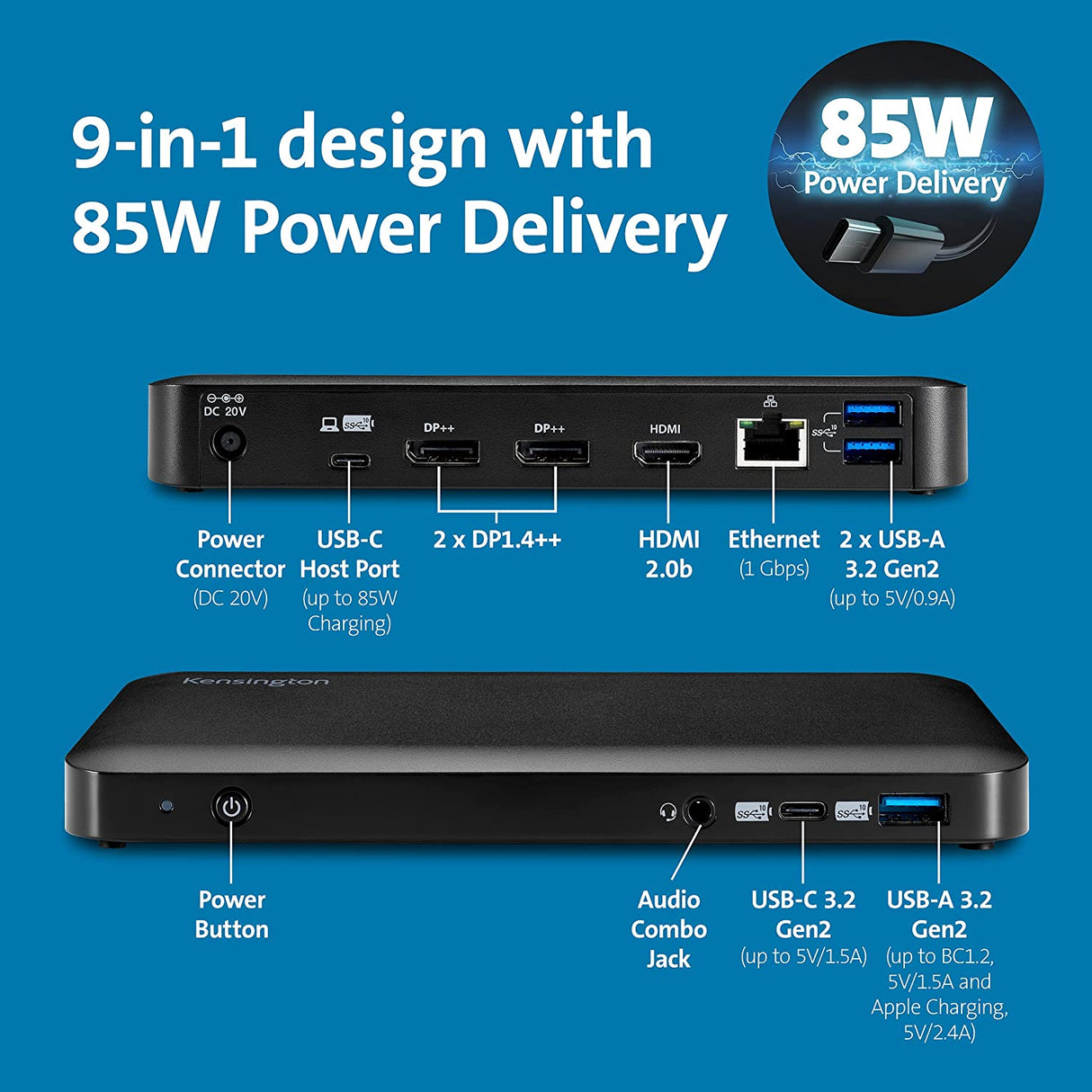 Kensington SD4840P USB-C 10Gbps Triple Video Driverless Docking Station - 85W PD - DP++/HDMI - Windows (K33806NA)