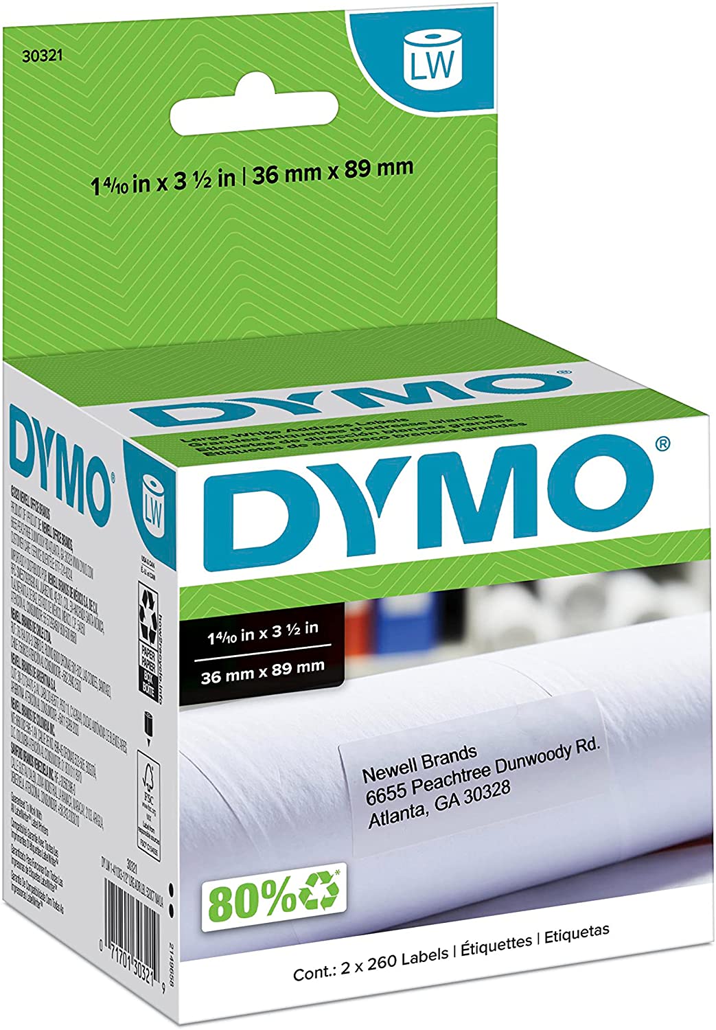 DYMO LW Large Mailing Address Labels for LabelWriter Label Printers, White, 1-4/10'' x 3-1/2'', Large, 2 Rolls of 260
