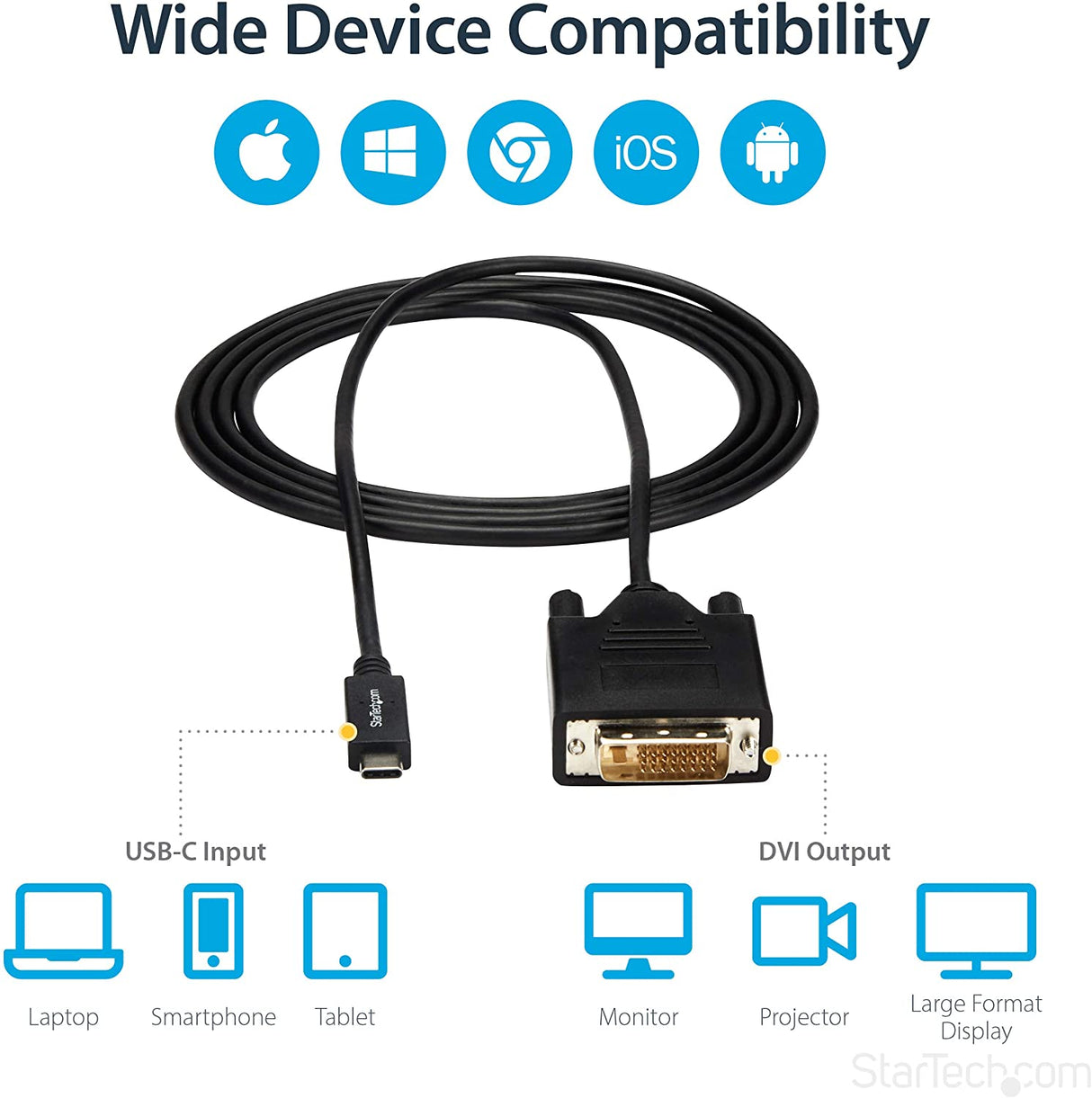 StarTech.com USB-C to DVI Cable - 6 ft / 2m - 1080p - 1920x1200 - USB-C DVI Monitor Cable - USB C Cable - Computer Monitor Cable (CDP2DVIMM2MB) 6.6 feet